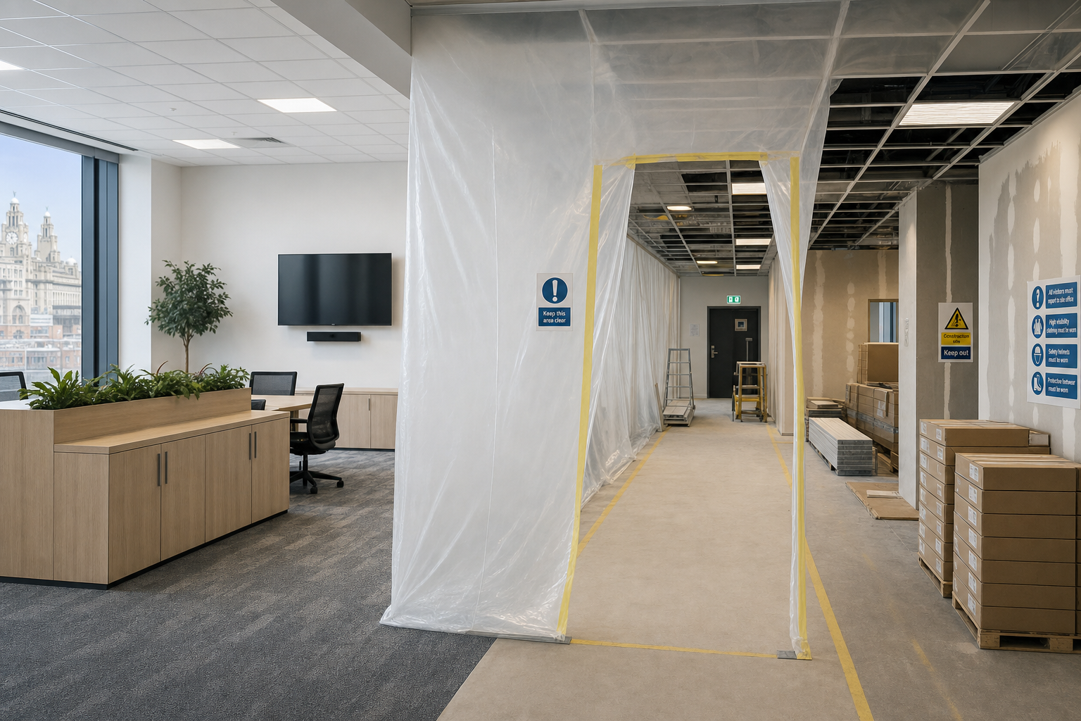 Modern office space under renovation with plastic sheeting and caution signs, overlooking the city skyline.