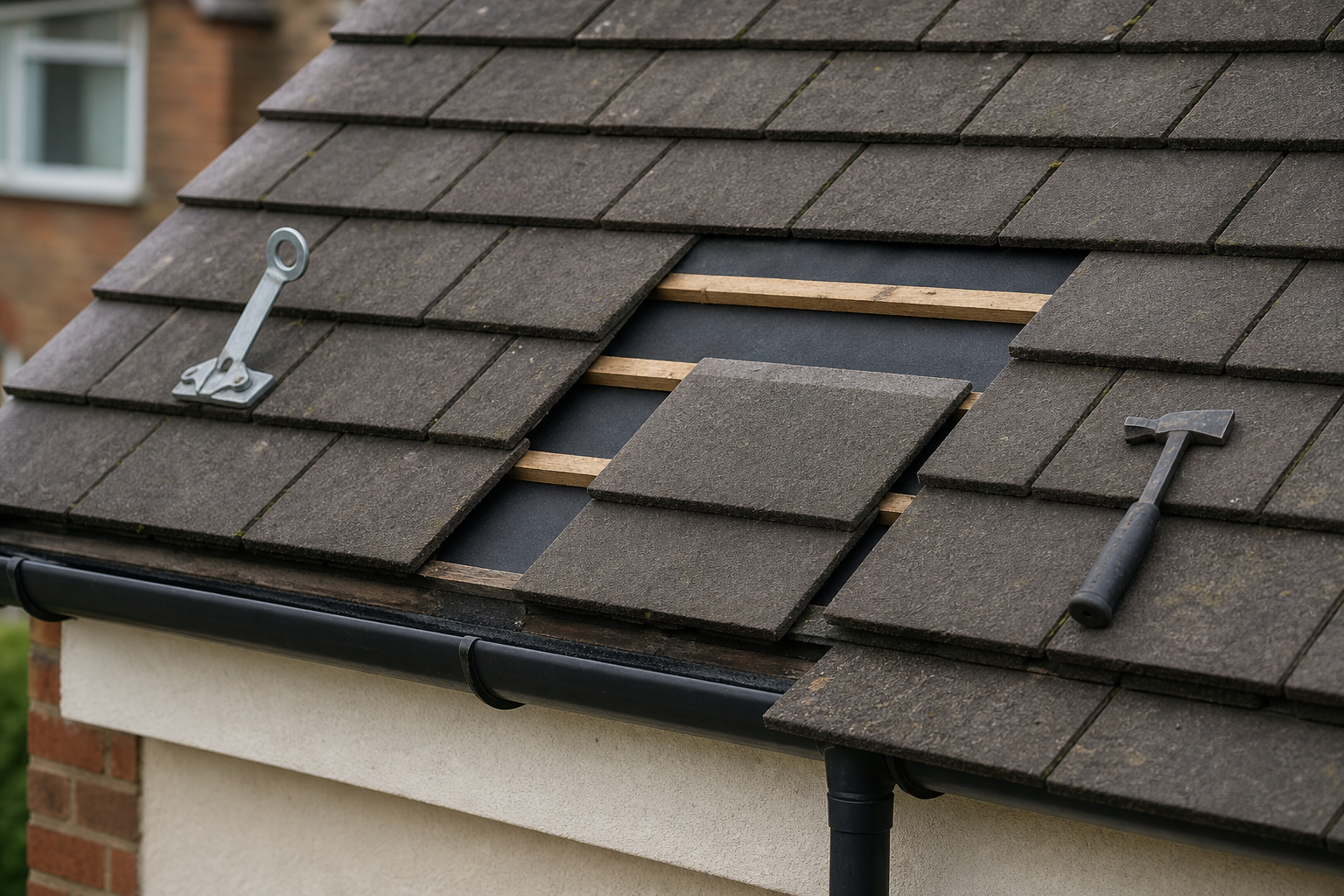 A section of roof undergoing repair, with tiles removed and tools placed nearby.