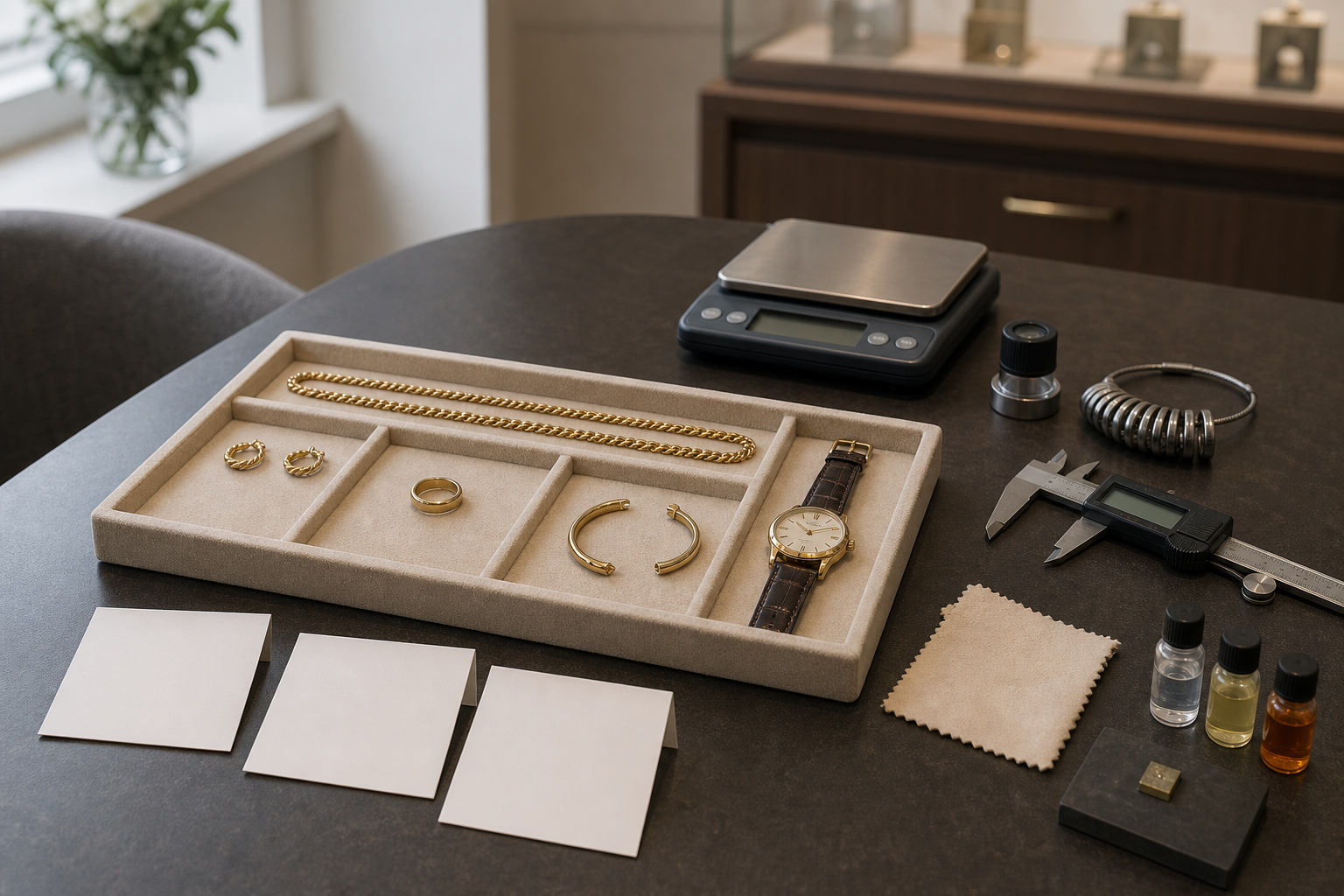 Jewelry and a watch in a display tray with measuring tools and vials on a table.