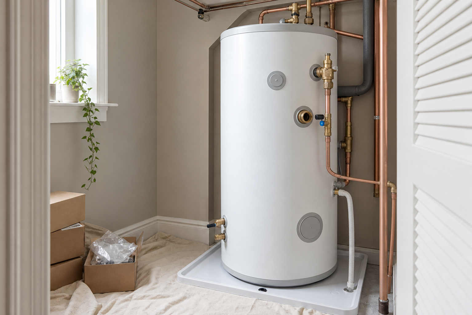 A large white hot water cylinder with copper pipes in a small room, next to stacked cardboard boxes and a potted plant.
