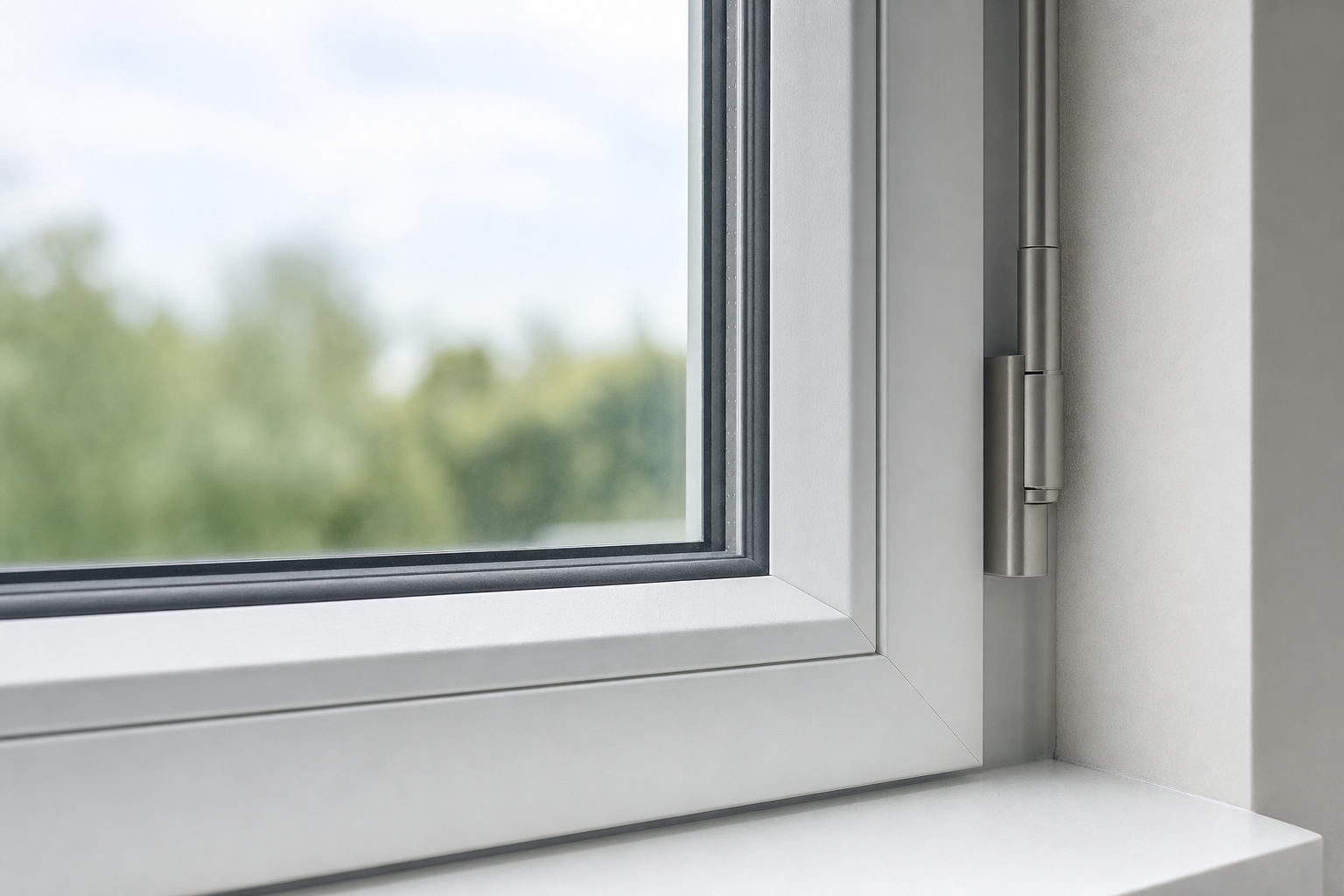 Close-up of a modern white window frame and hinge with a blurred view of greenery outside.