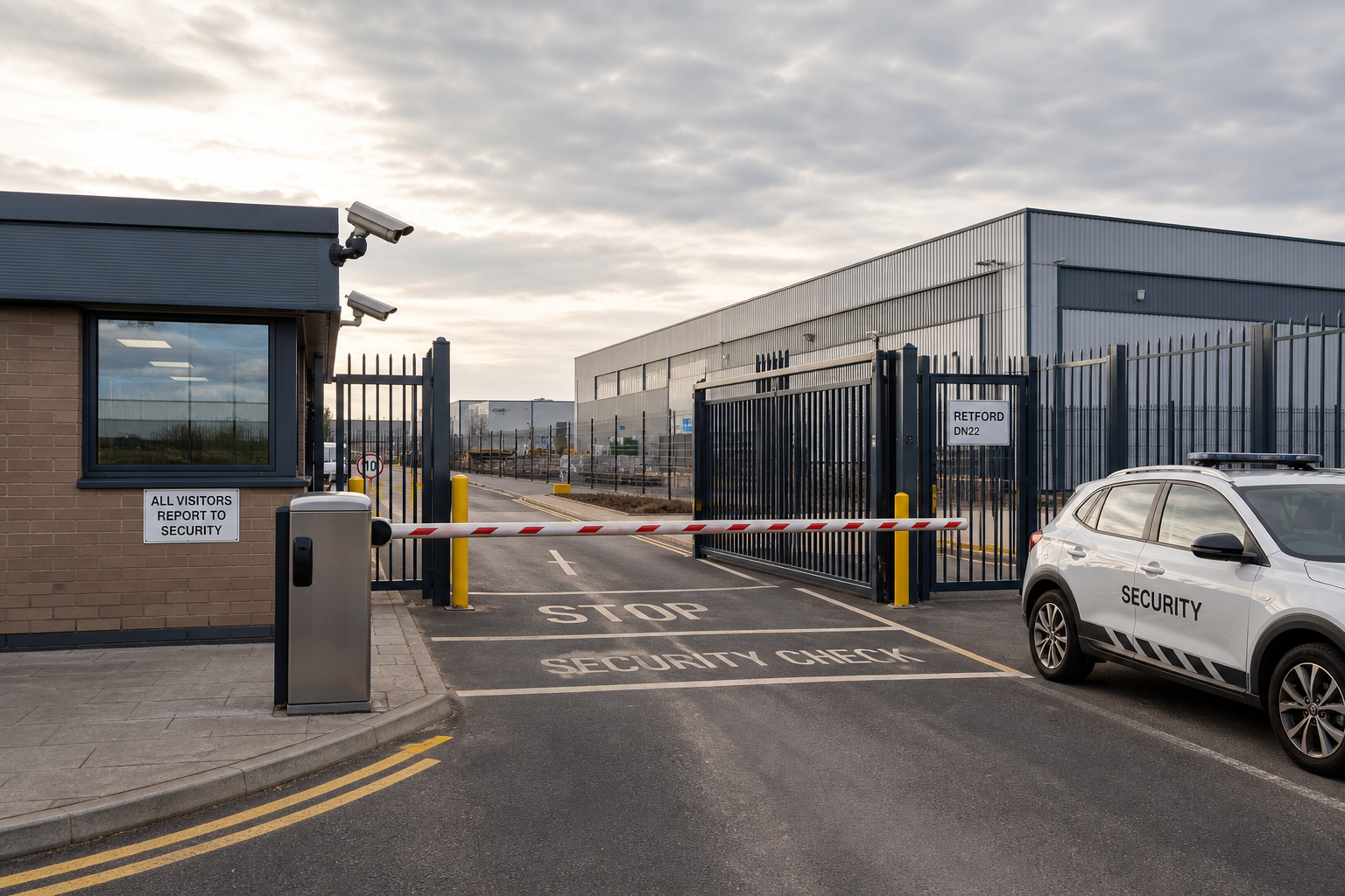 Security gate with a barrier and surveillance cameras, sign directing visitors to report, near a large industrial building.