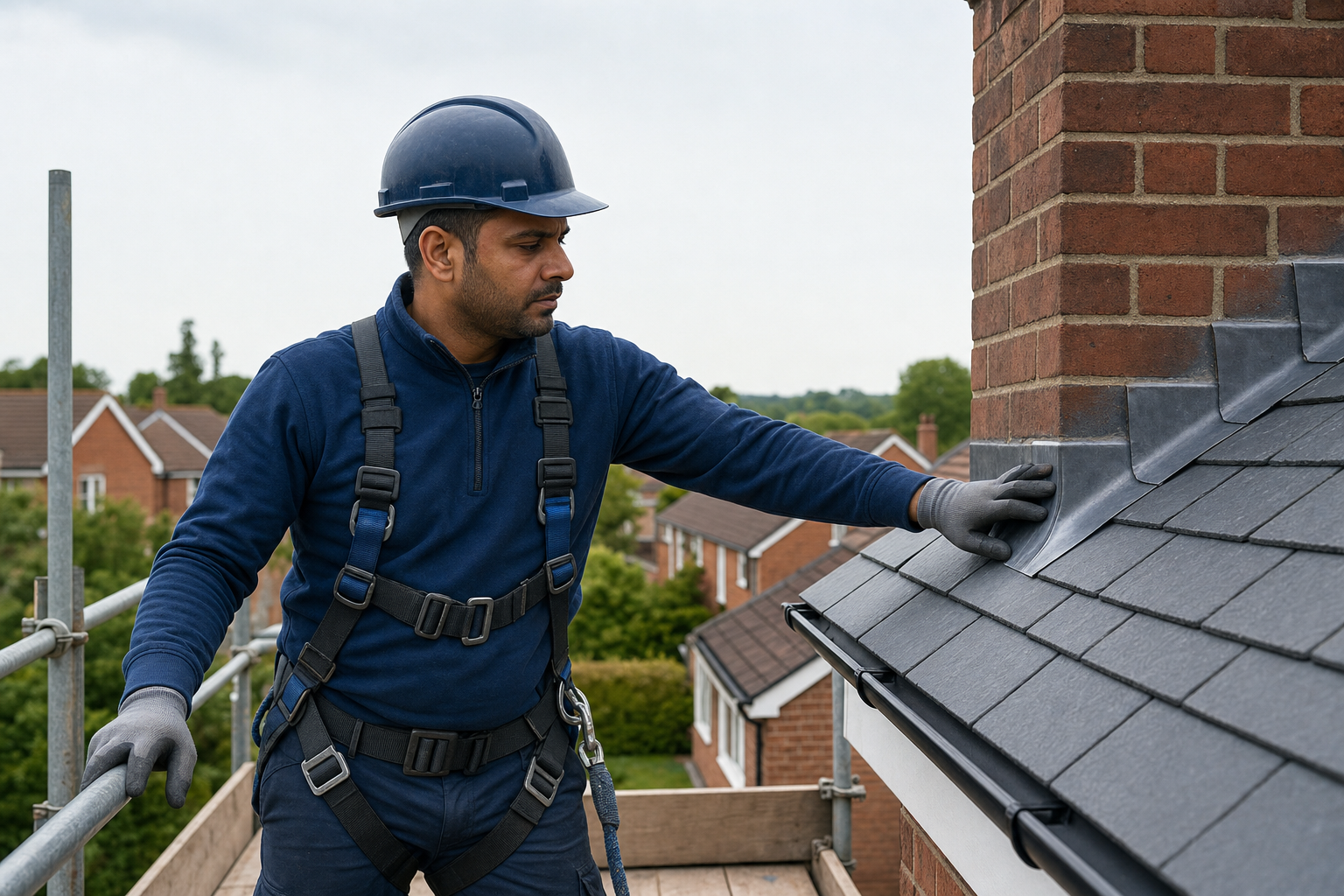 Roofer wearing safety gear examines chimney flashing on a pitched roof.