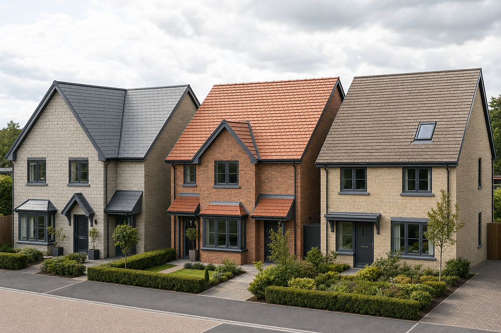 Three modern detached houses with varied roof colours and well-maintained front gardens under a cloudy sky.