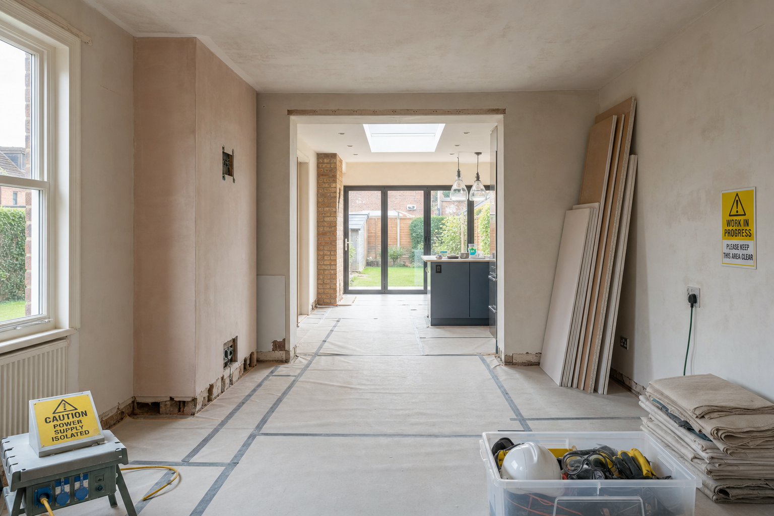 Renovation in progress with exposed walls and equipment, leading to a bright kitchen and garden view.