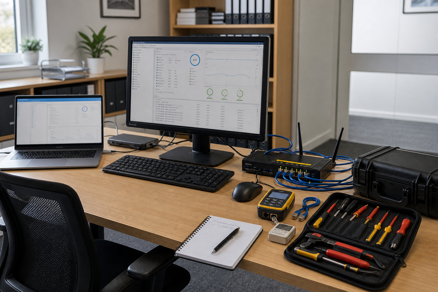 Office desk setup with a computer, laptop, network equipment, and a toolkit.