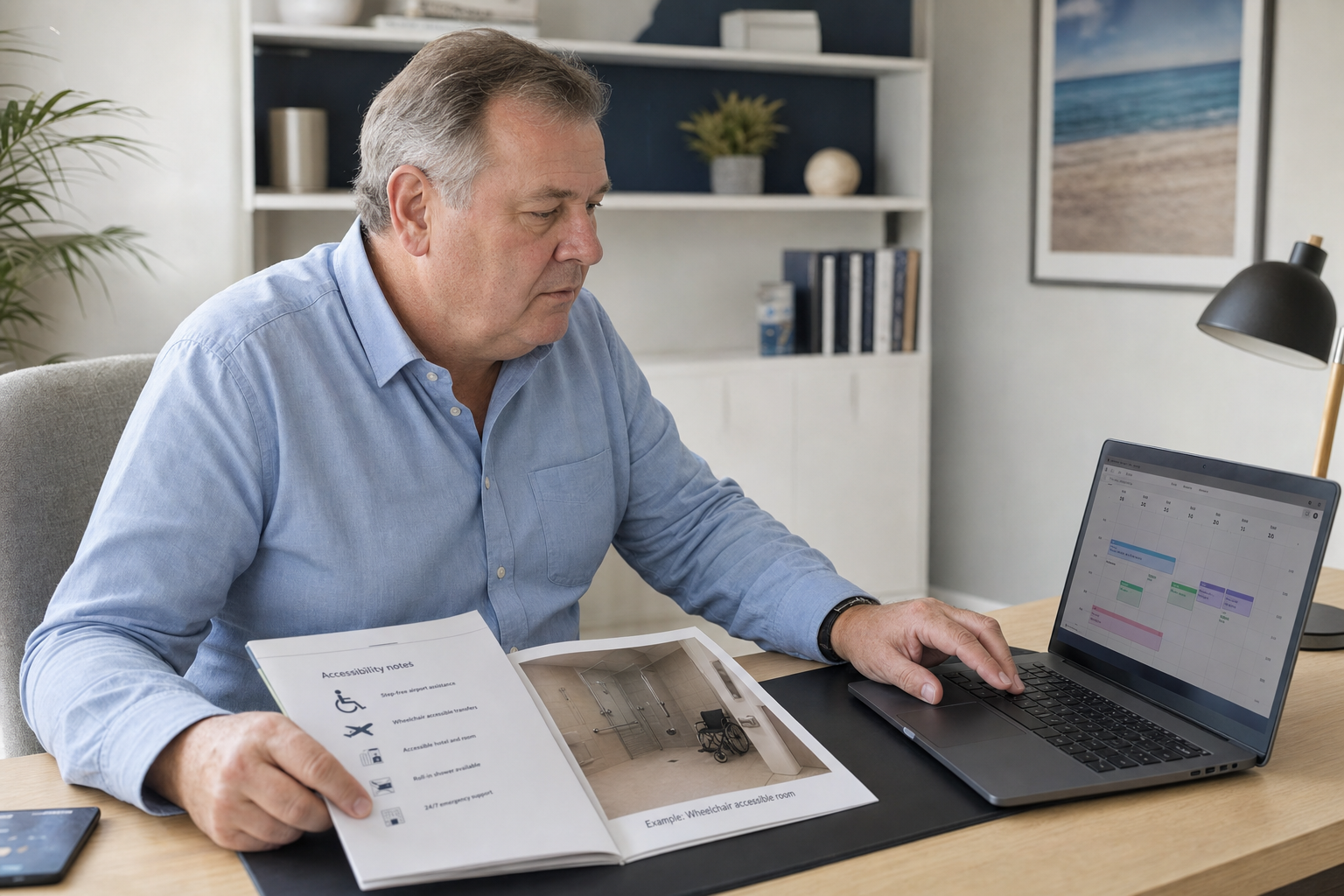 Man in a blue shirt reviews accessibility notes and a calendar on a laptop at a desk.