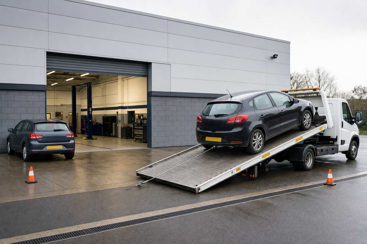 A black car is being loaded onto a recovery truck outside a vehicle repair garage.