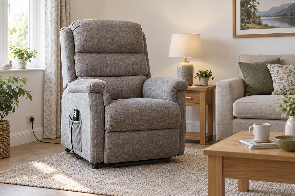Grey reclining armchair with a remote control in a cosy, light-filled living room with a coffee table and sofa.