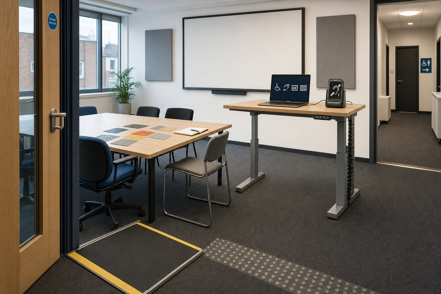 Accessible meeting room with a large table, chairs, adjustable desk, laptop, and tactile floor markings.