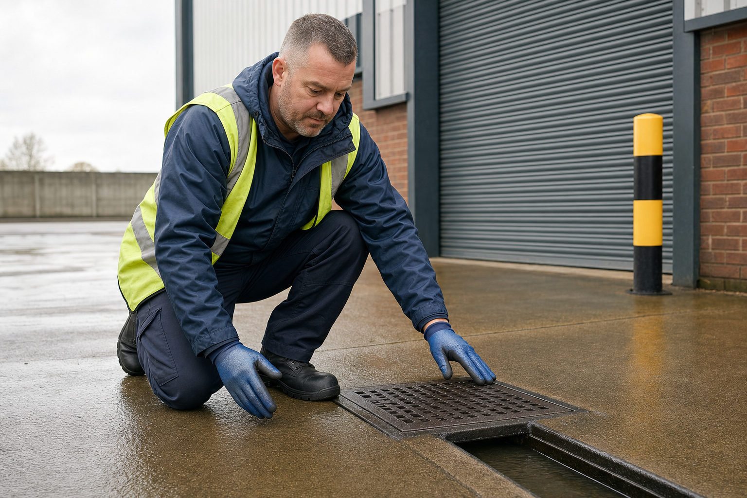 Man in high-visibility jacket kneeling to inspect a drain cover outside a building with a closed roller door.