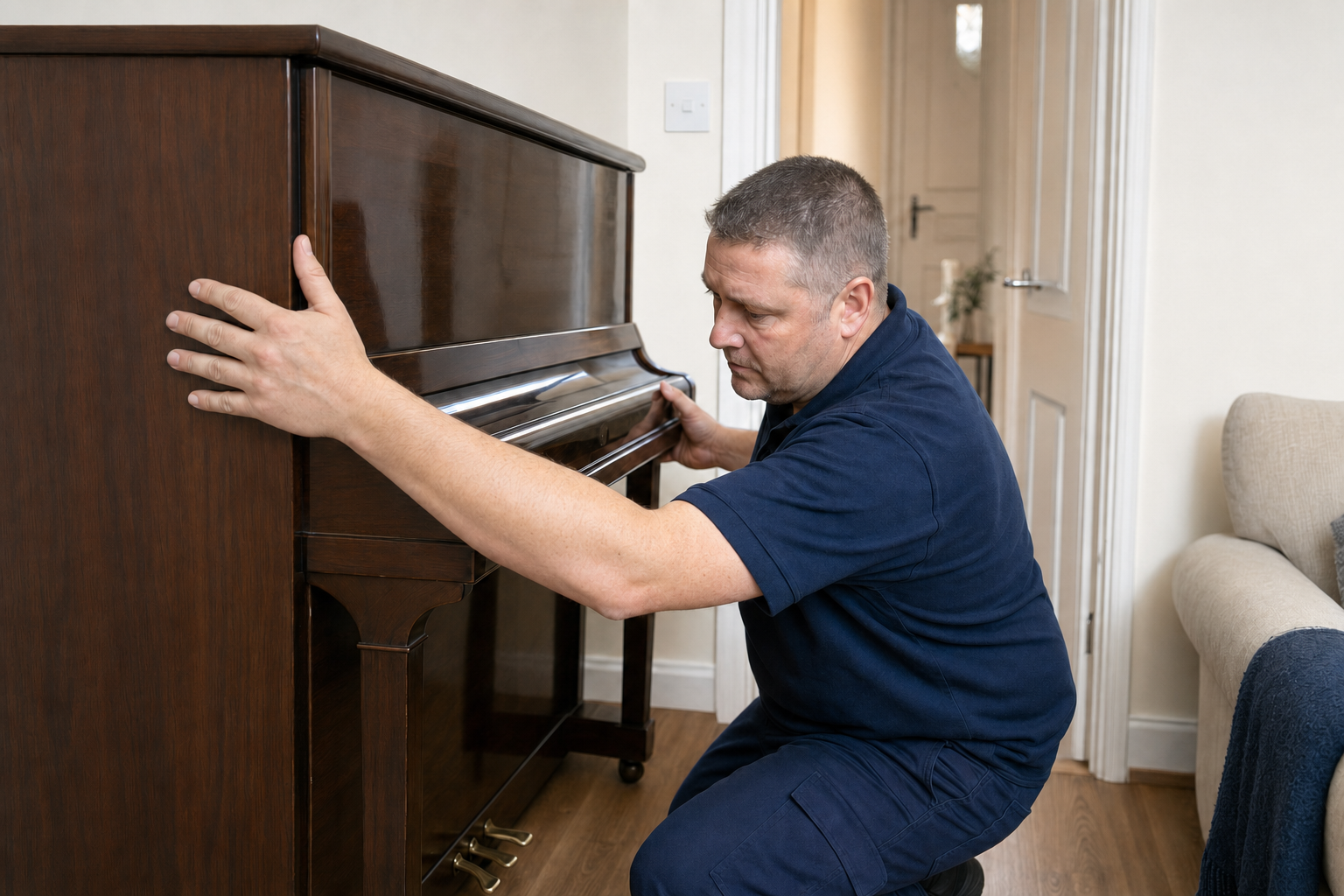 Man carefully adjusting the position of an upright piano in a living room.