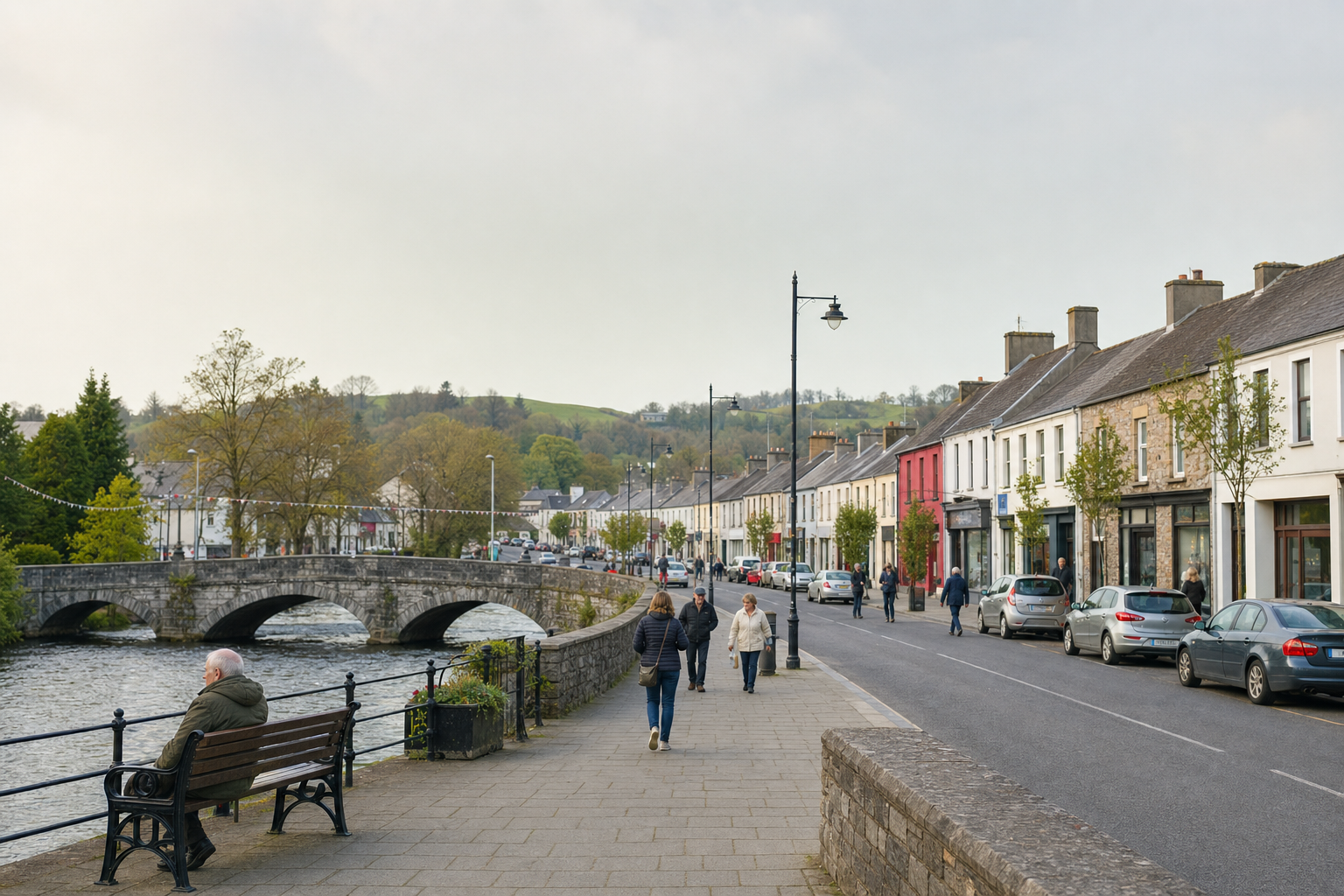 A peaceful street scene with people walking along the riverbank and colourful houses lined up by the road.