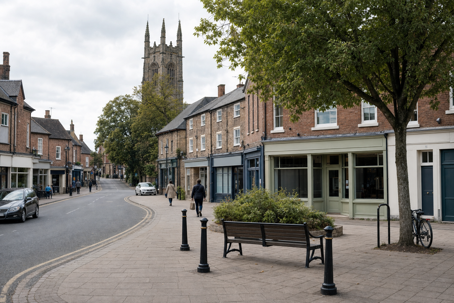 A tranquil town street with historic buildings, a church spire, and people walking on a cloudy day.