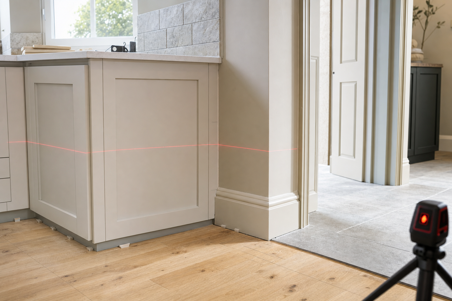 A laser level projects a straight red line across a kitchen and hallway with wooden and tiled flooring.