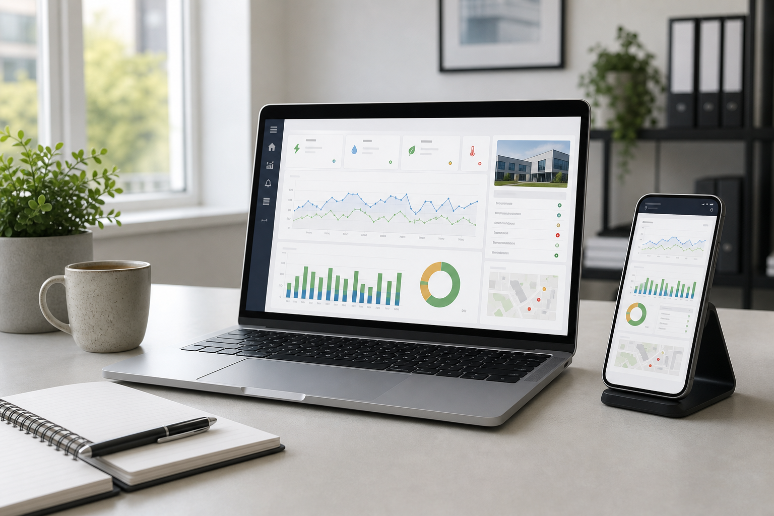 Laptop and smartphone displaying data charts on a desk with a notebook, pen, plant, and coffee cup.