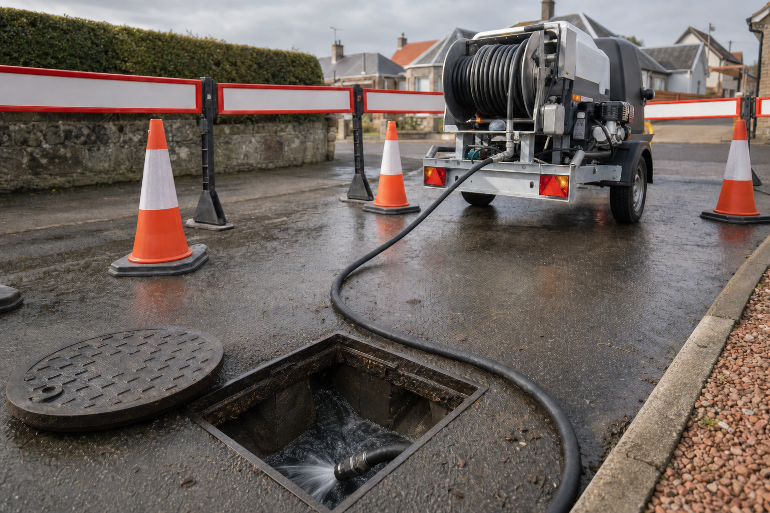 A street drainage maintenance scene with cones, barriers, and equipment cleaning an open manhole.