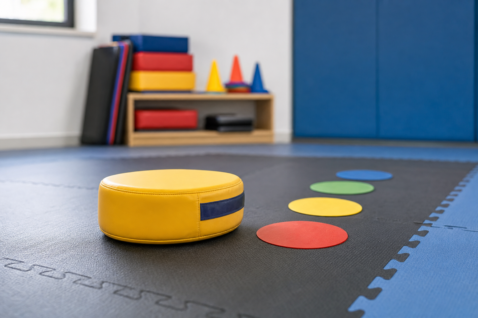 A padded playroom with colourful mats, cones, and blocks arranged on a soft floor.