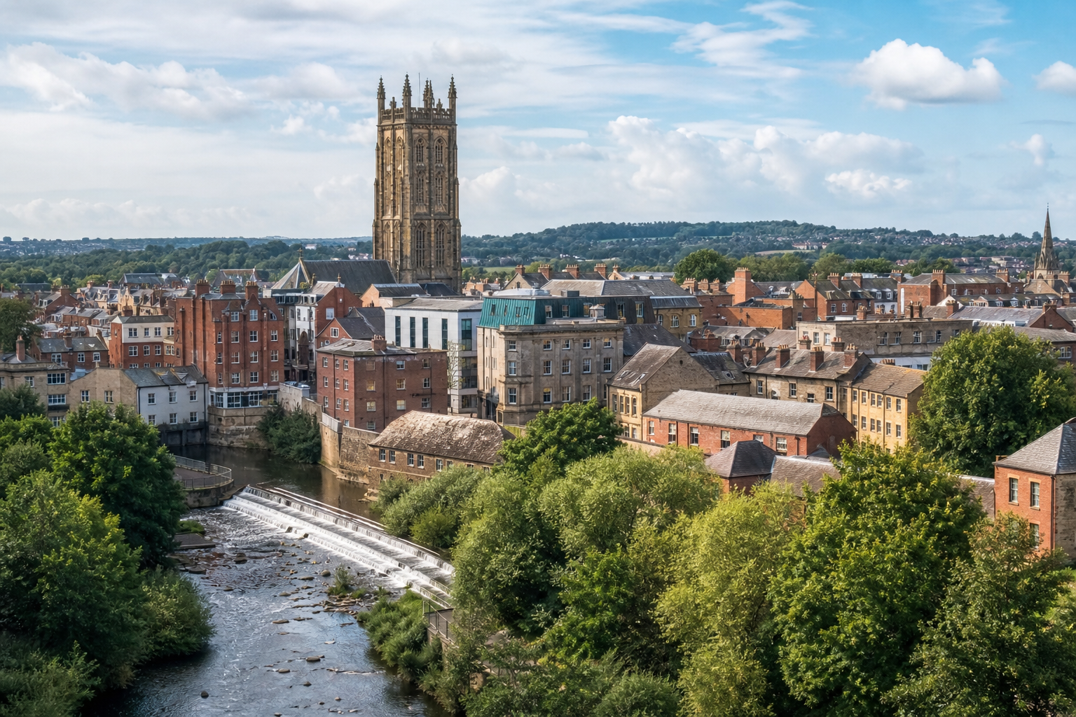 Scenic view of a historic town with a prominent church tower, surrounded by greenery and a flowing river.