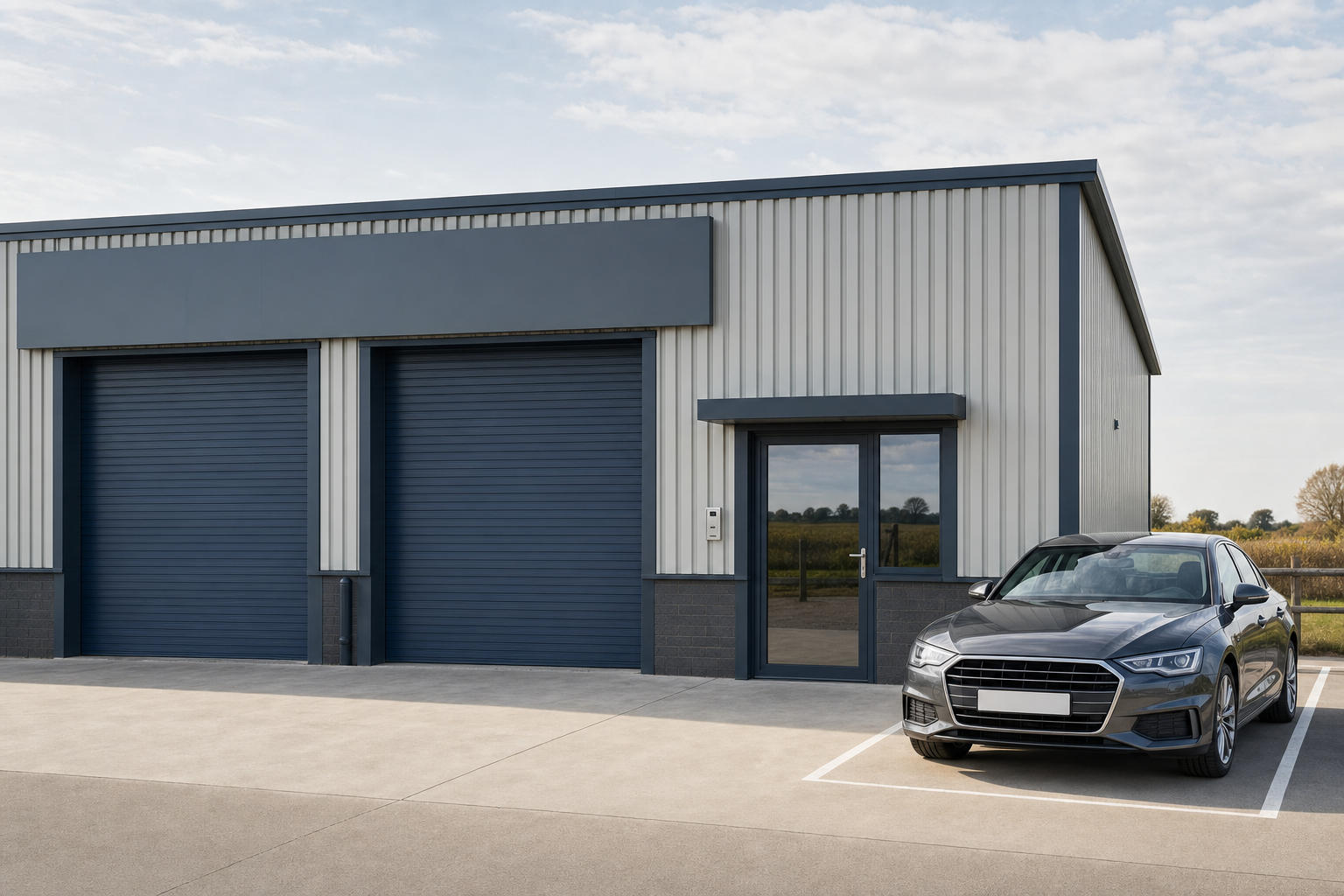 A grey car parked in front of an industrial building with two blue roller garage doors under a partly cloudy sky.