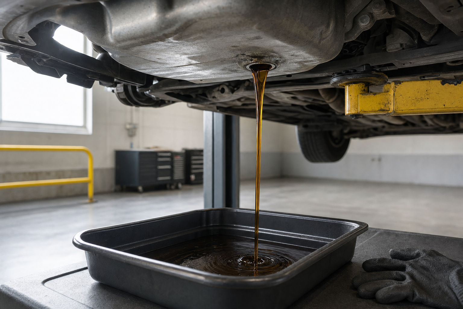 Car engine oil being drained into a tray in a garage.