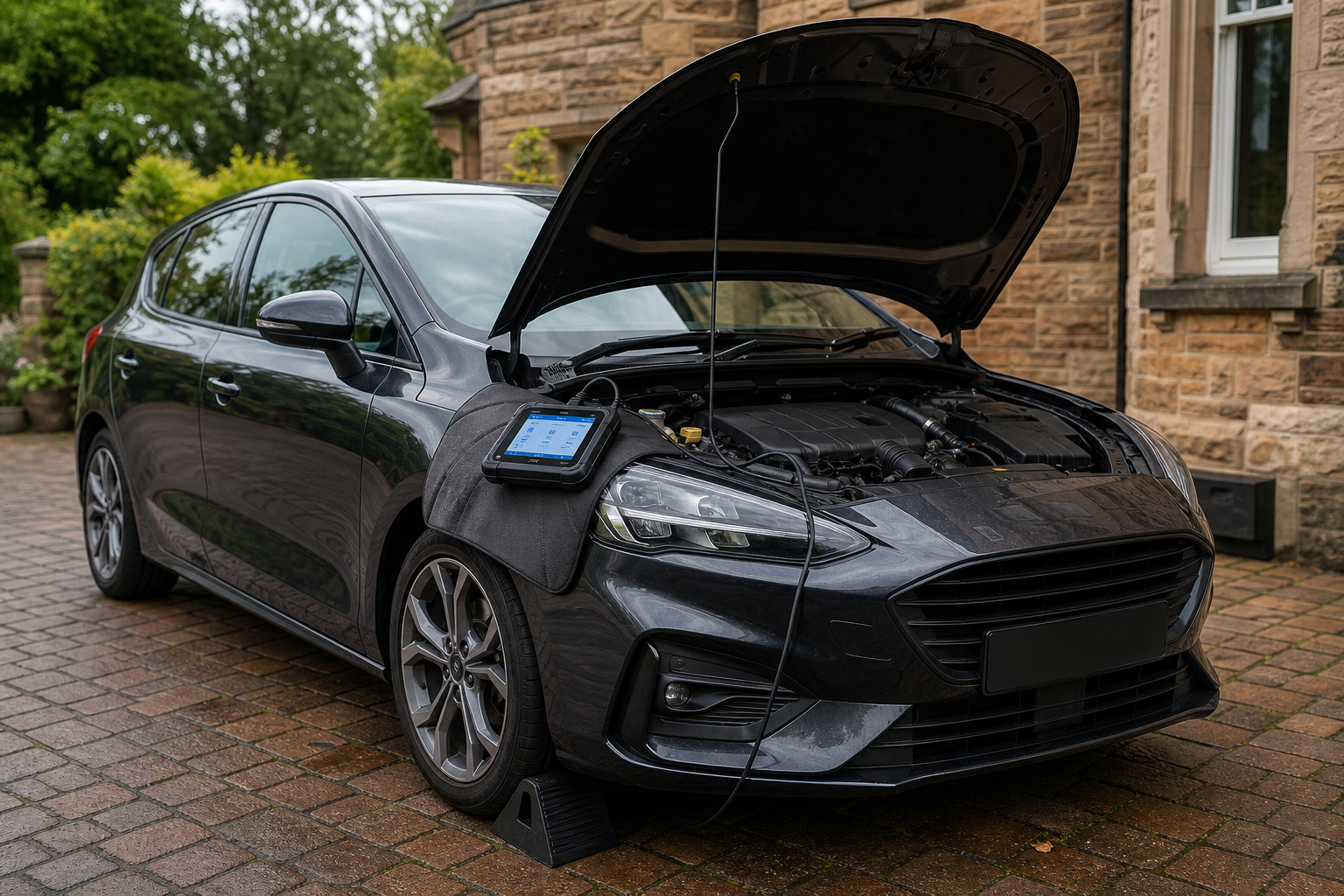 A car with an open bonnet is being diagnosed with a digital diagnostic tool on a driveway.