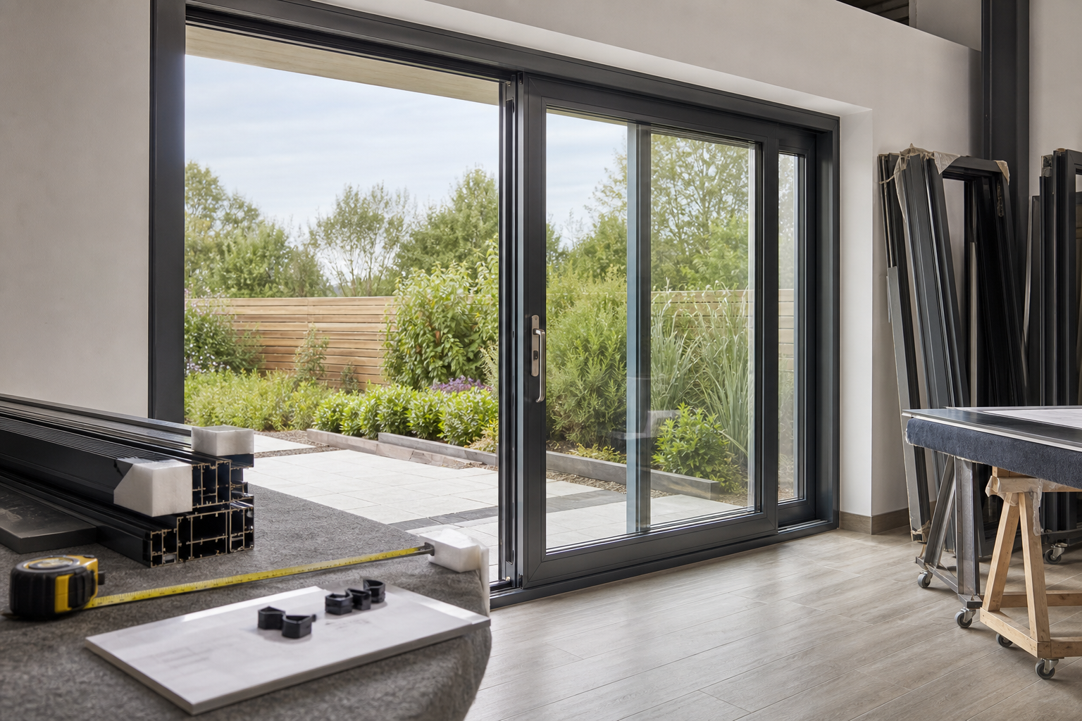 Sliding glass door in a modern room opens to a garden patio with lush greenery.