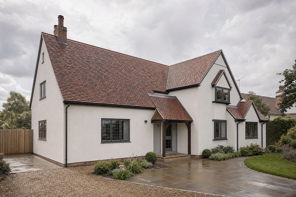 A modern detached house with white walls and a red tiled roof, surrounded by a neat garden on a cloudy day.