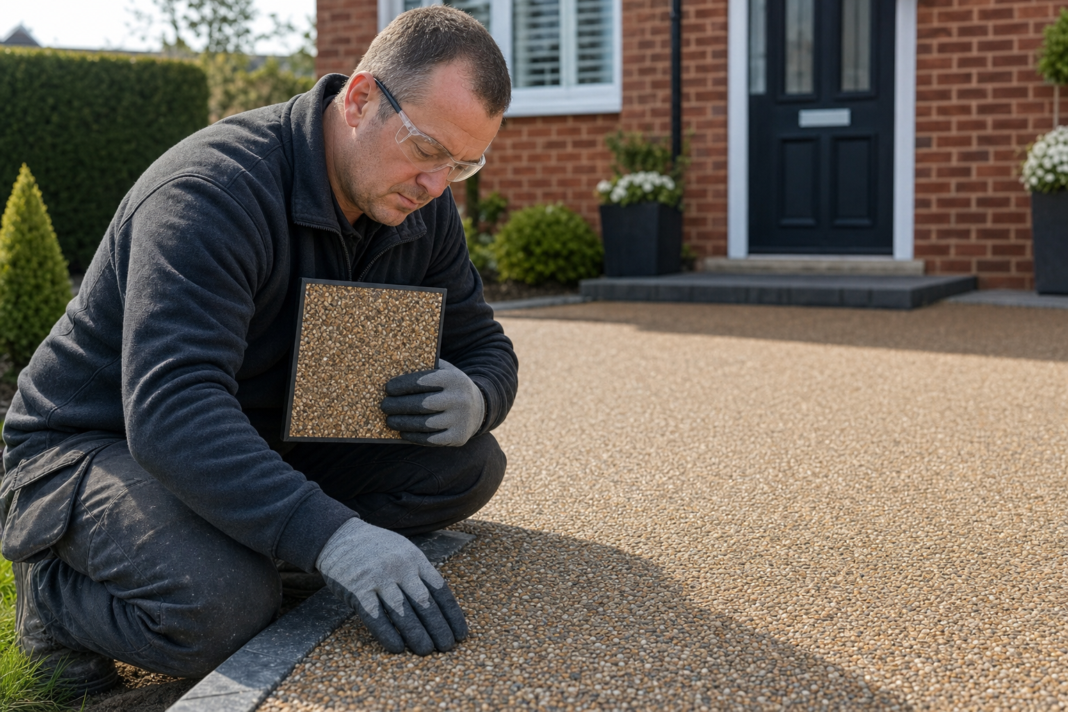 A man wearing gloves and goggles installs a pebble surface on a driveway outside a brick house.