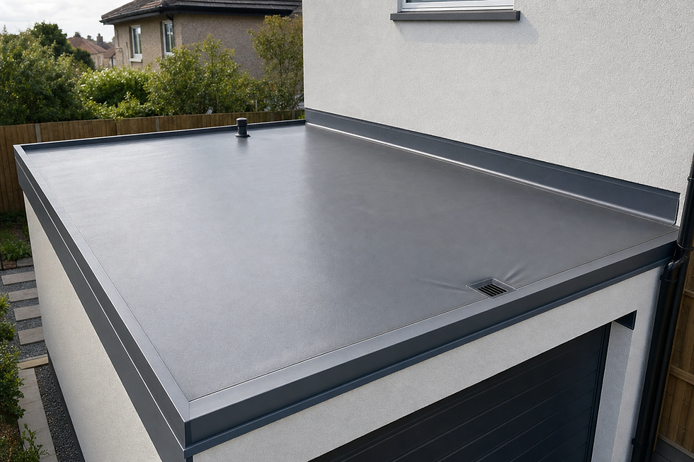 Flat roof with sleek grey surface, featuring a small vent and modern design against a suburban backdrop.