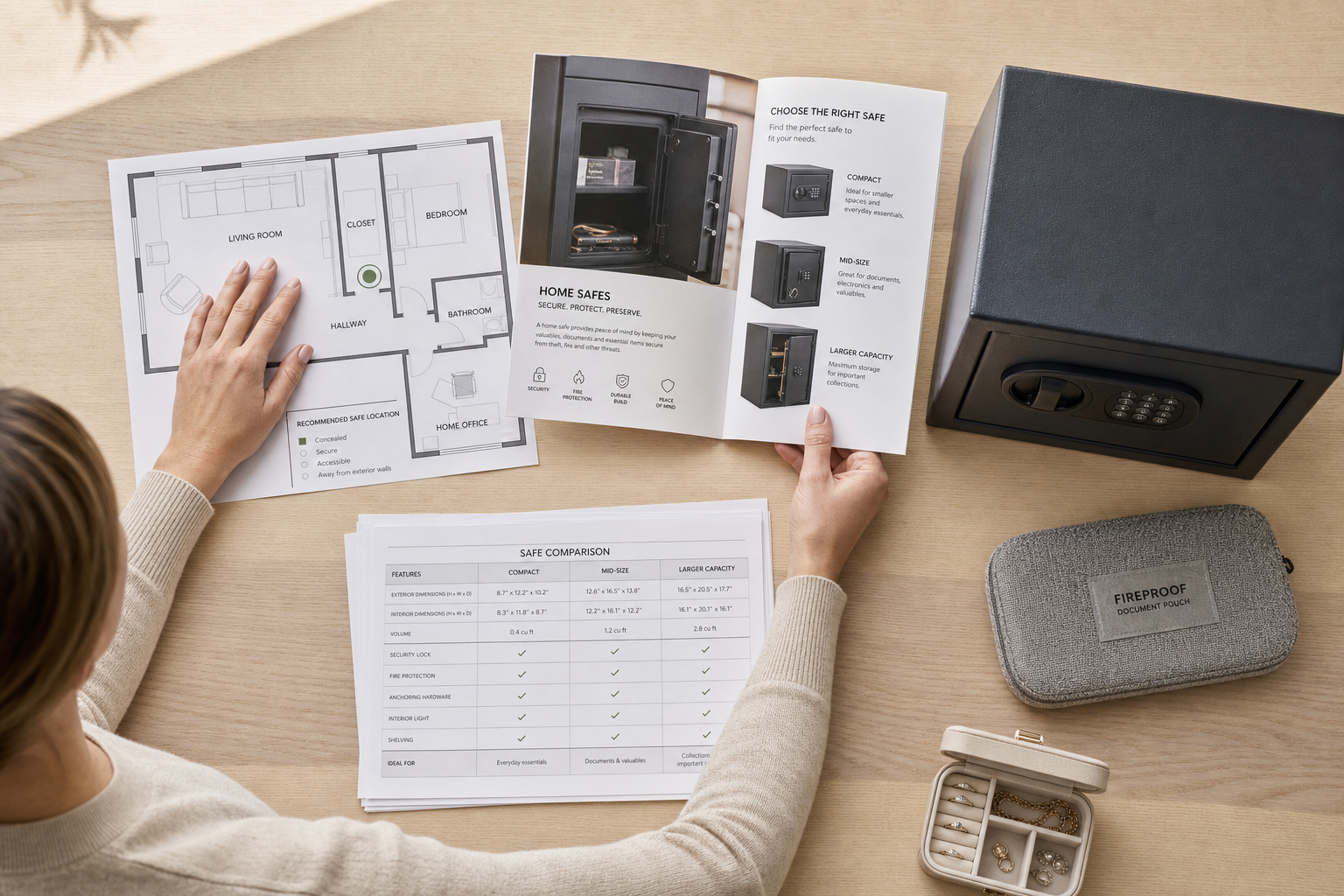 Person reviewing safe options with a catalogue, floor plan, and safe comparison on a desk.