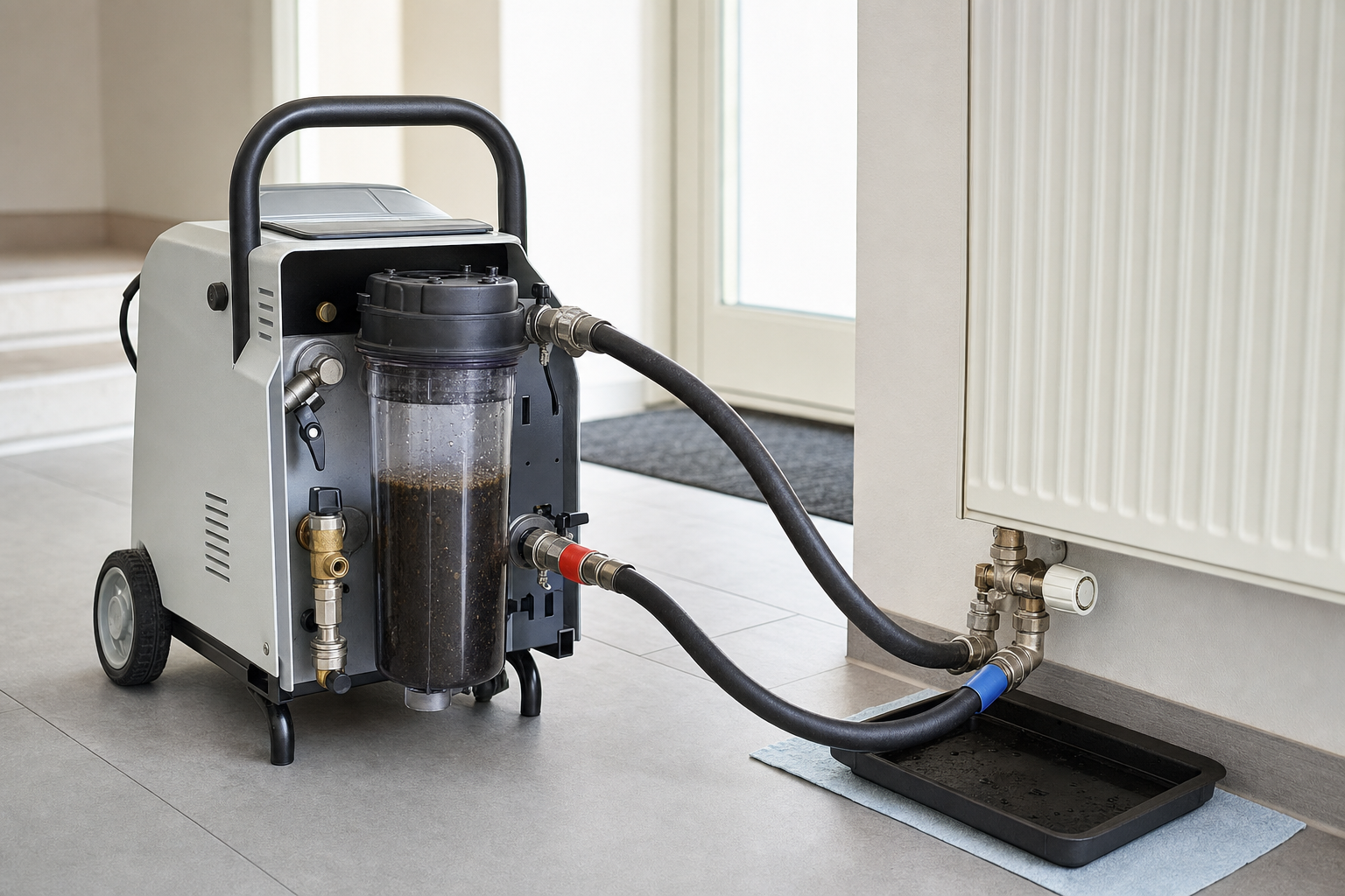 A radiator power flushing machine is connected to a radiator, with hoses and a tray beneath for collecting debris.