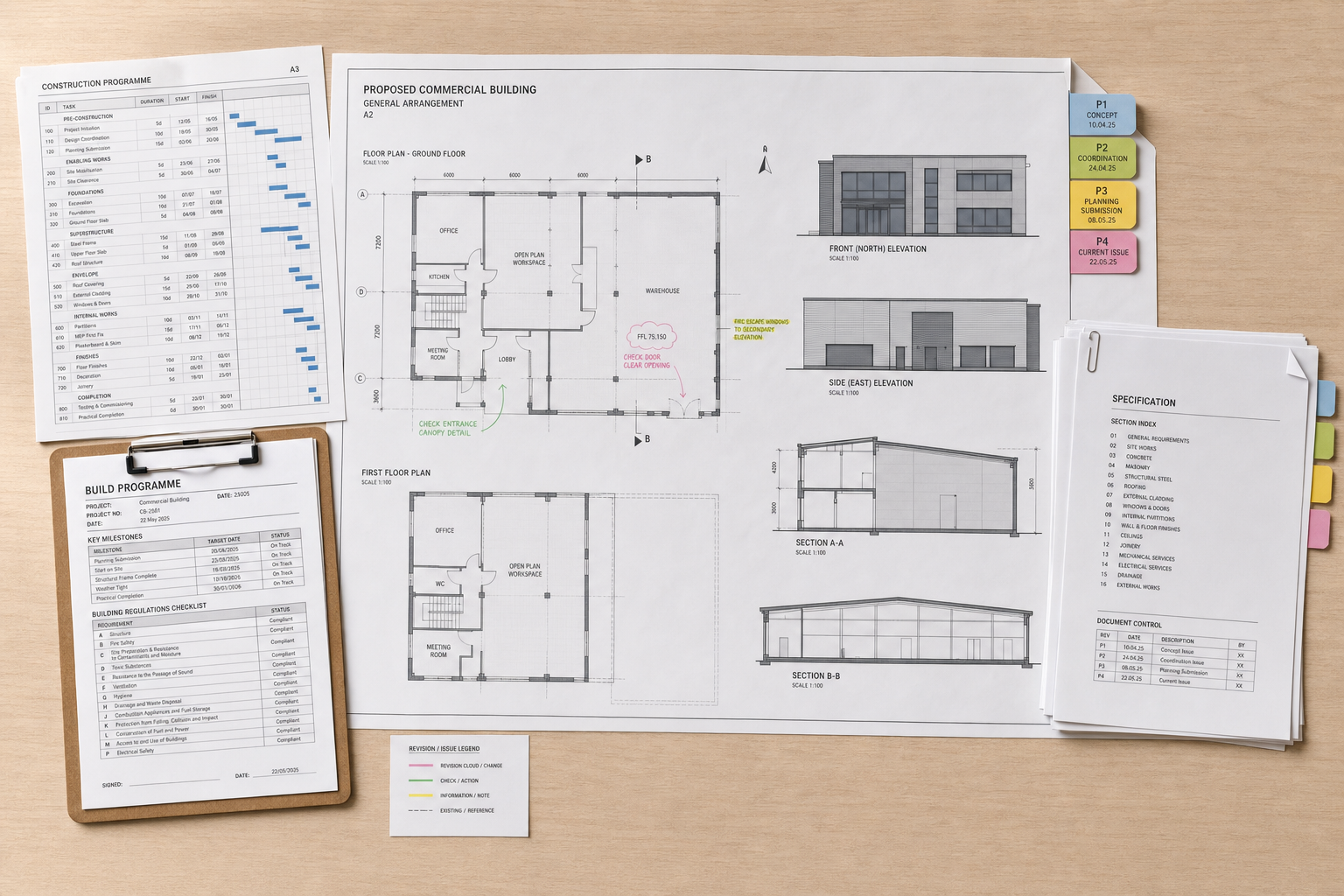 Architectural design plans and documents for a proposed commercial building arranged on a wooden desk.
