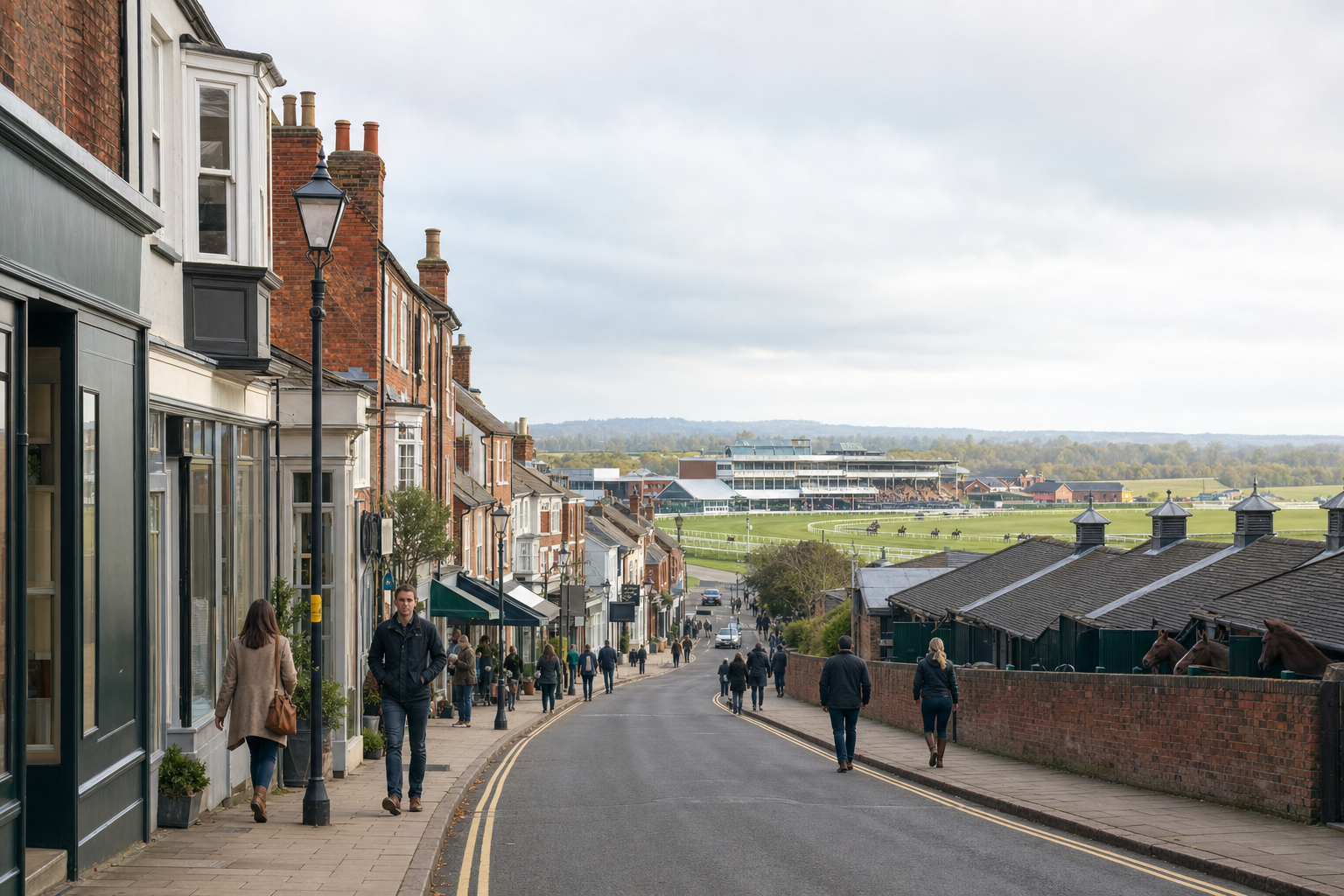 Bustling street leading to a racetrack, with pedestrians and historic brick buildings lining the pavement.
