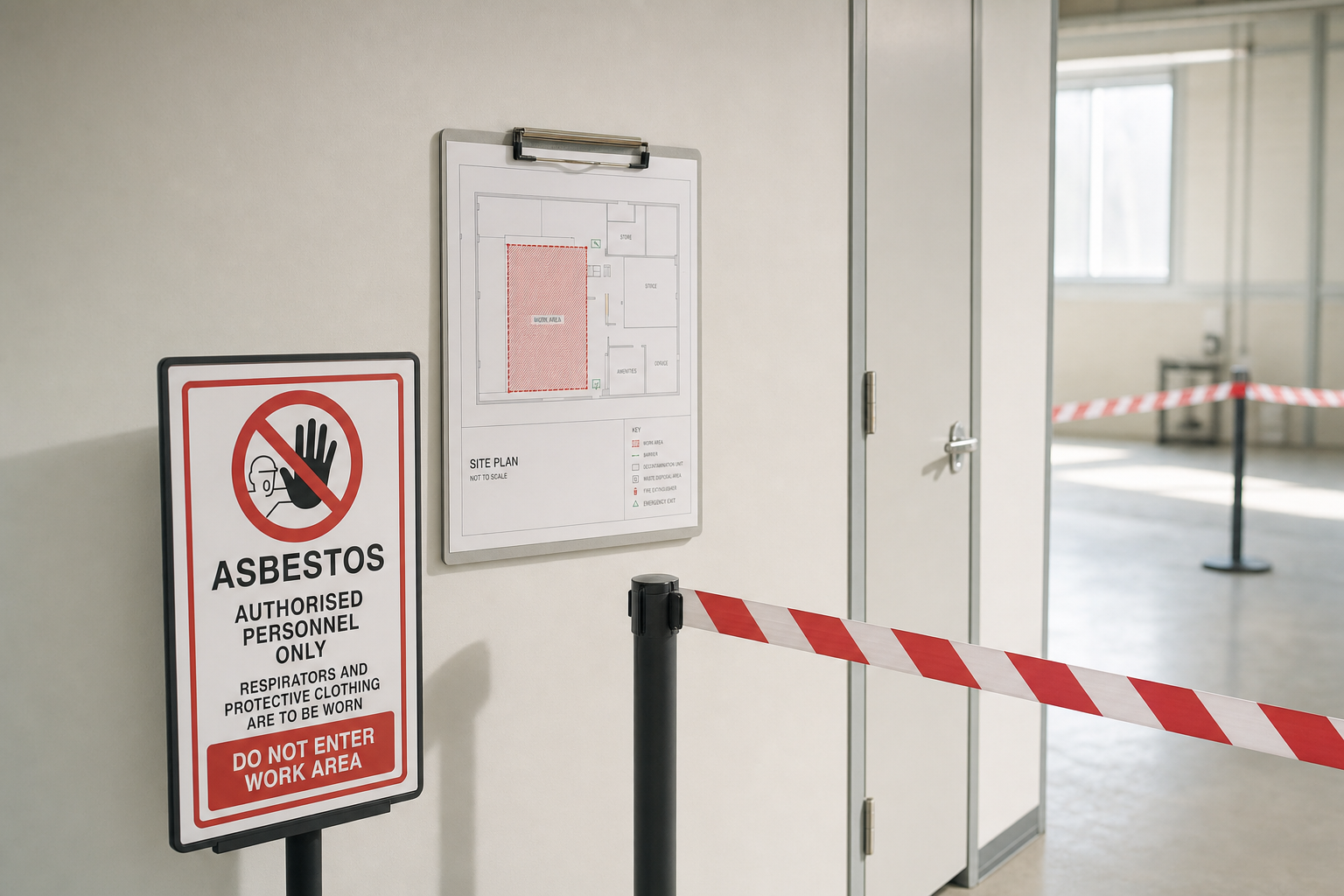 Asbestos warning sign and site plan near a restricted work area with red and white safety tape.
