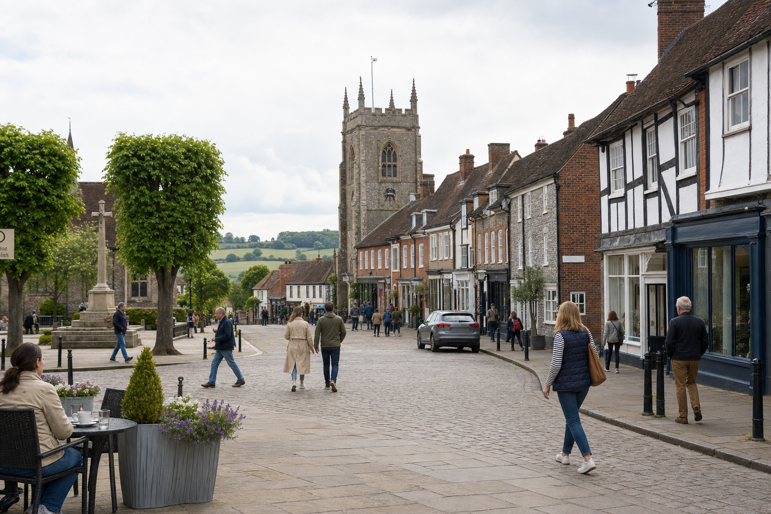 A quaint English village street with people walking and historic buildings in the background.
