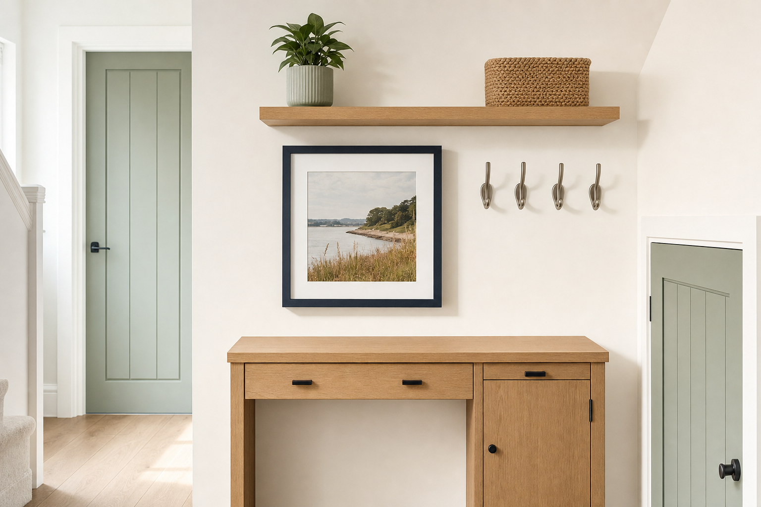 Modern entryway with a wooden console table, a framed landscape, hooks, a shelf with a plant, and a basket.