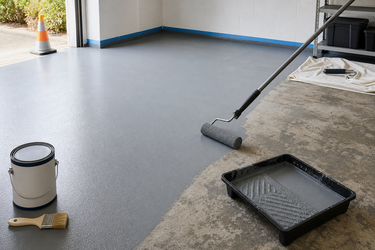 Applying gray epoxy paint to a concrete garage floor with a roller.
