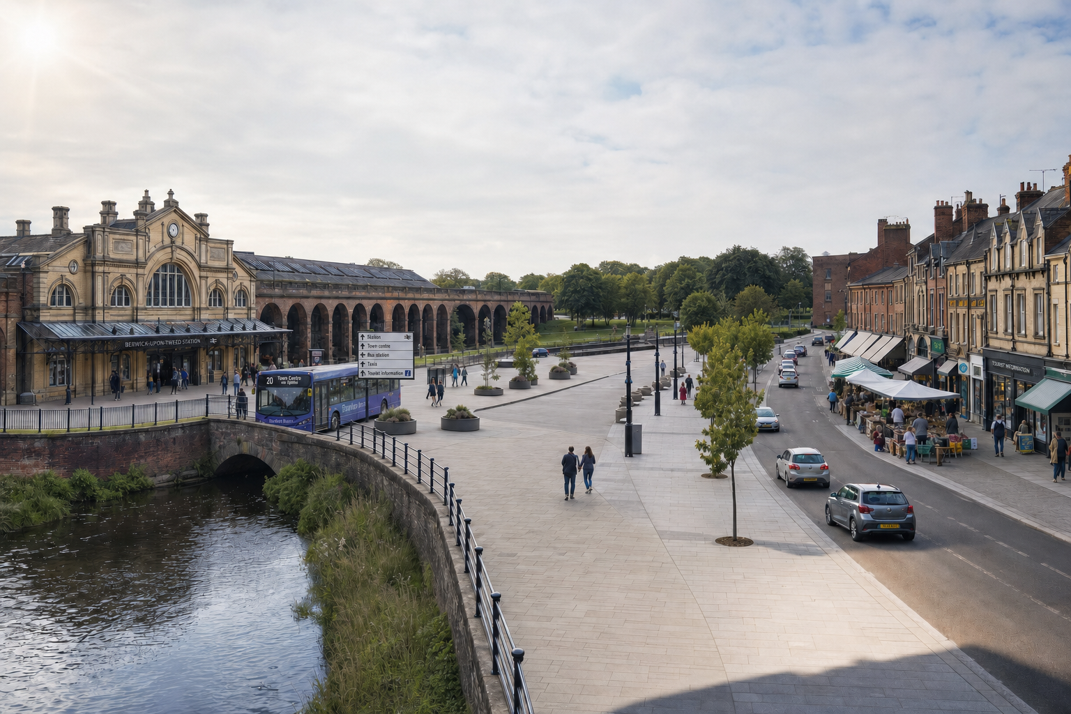 Berwick-upon-Tweed station and adjacent street lined with shops, trees, and pedestrians under a partly cloudy sky.
