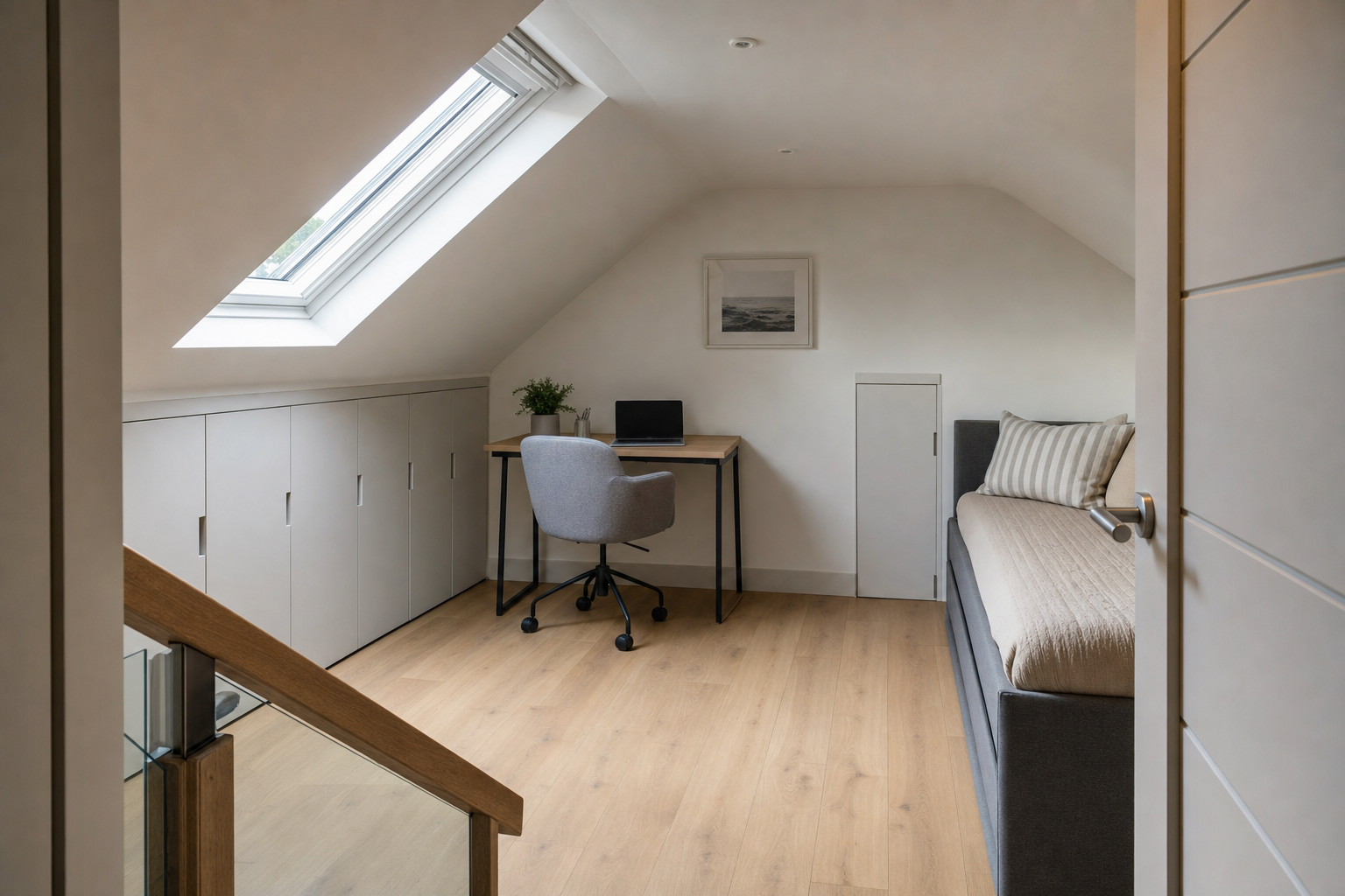 Attic room with slanted ceiling, featuring a small desk, cosy chair, and a daybed under a large skylight.