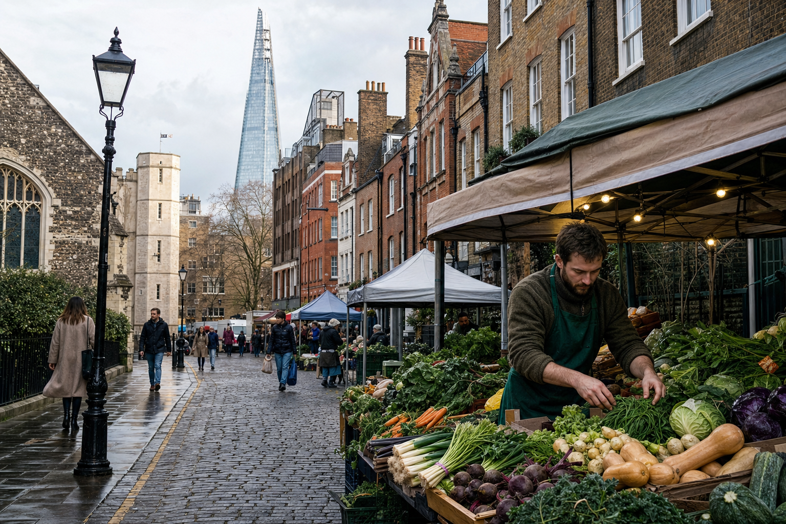 A market vendor arranges fresh vegetables on a cobblestone street with the Shard visible in the background.