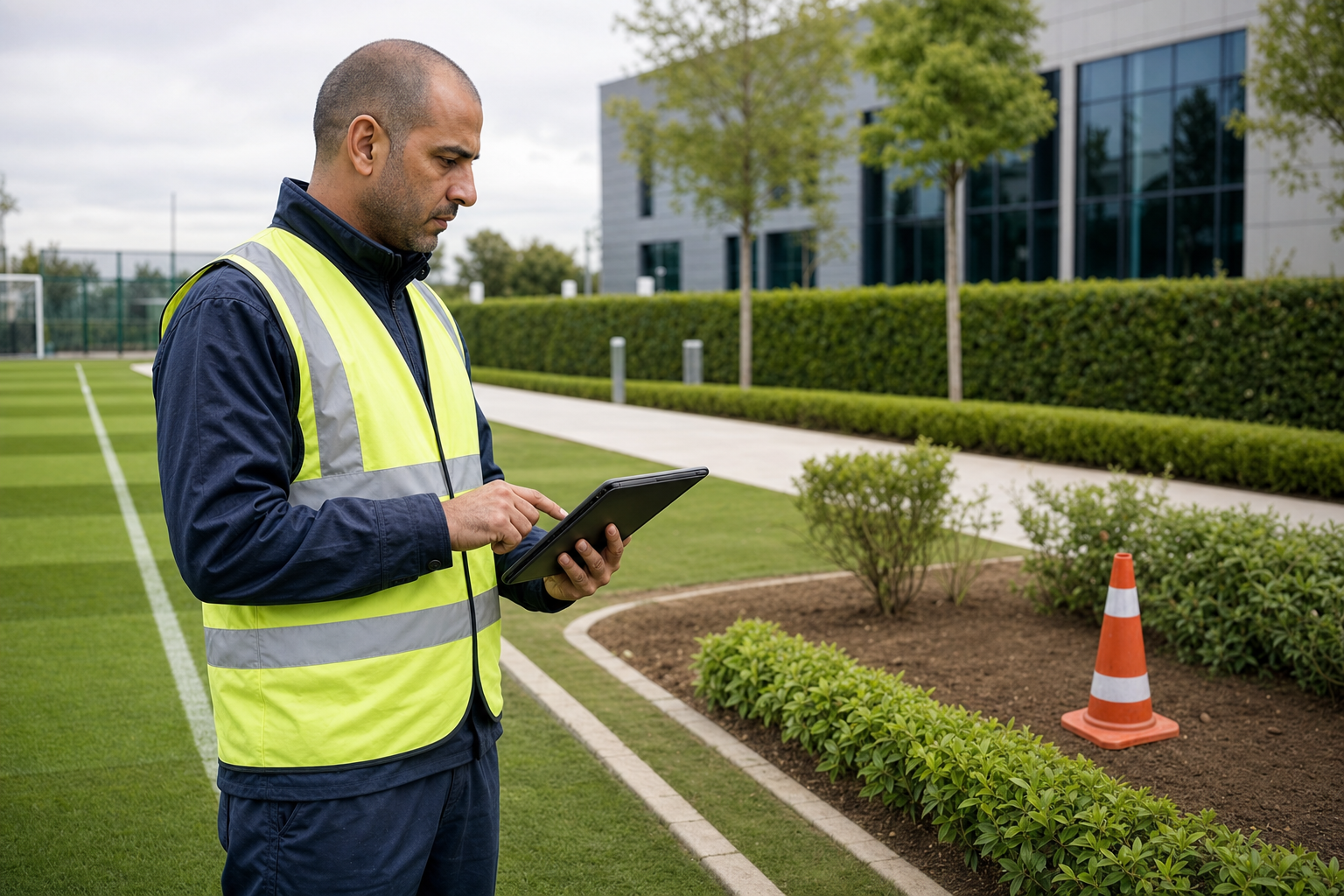 A man in a high-visibility jacket uses a tablet while standing near freshly mowed grass and an orange traffic cone.