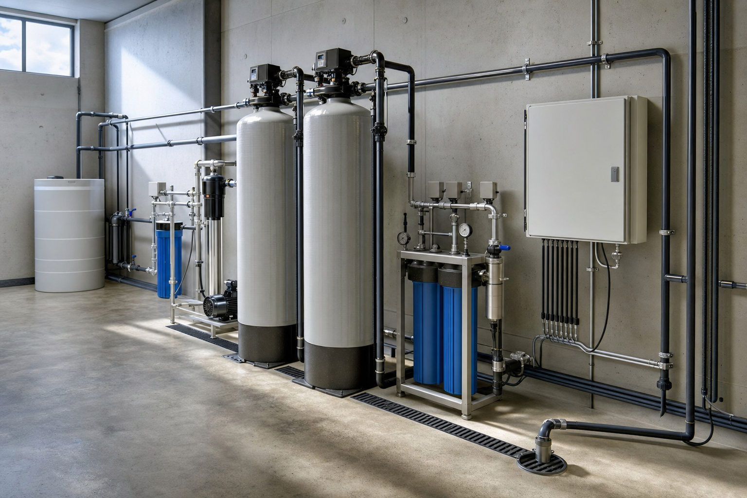 Industrial water filtration system with two large tanks, pipes, and control panel in a concrete room.