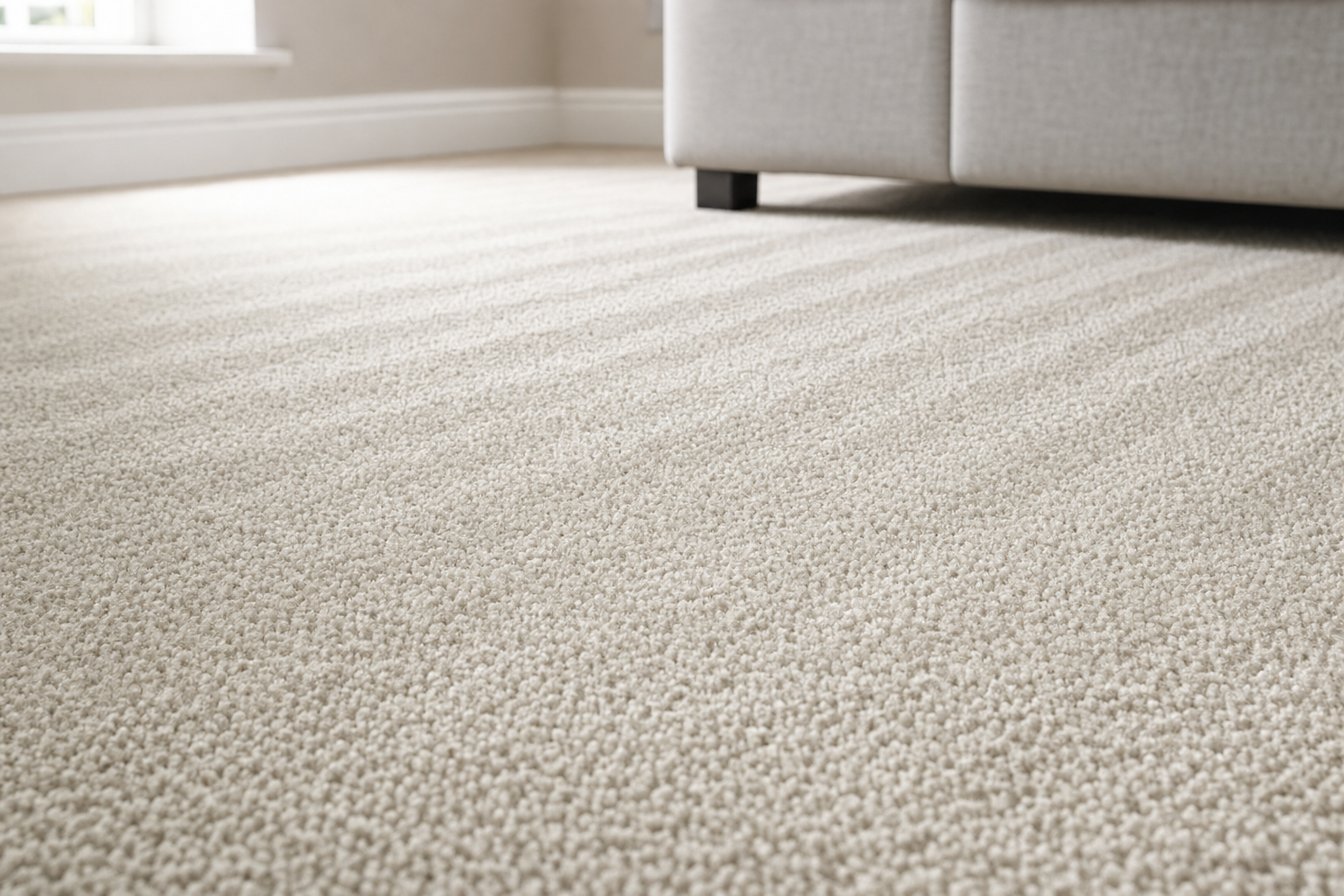 Beige carpet with a plush texture in a bright room, next to a light grey sofa.