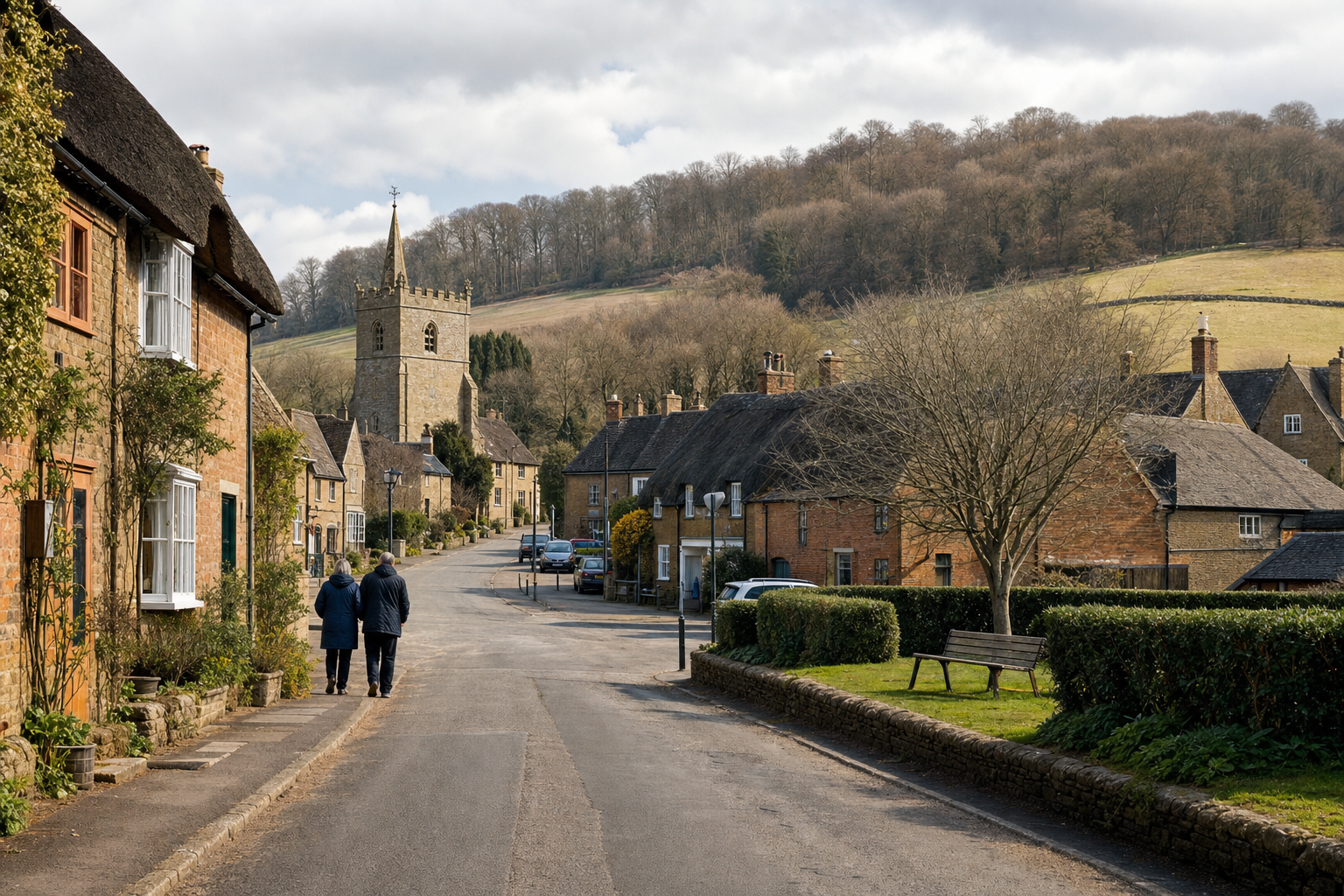 Two people walk down a quaint village road with a historic church and rolling hills in the background.