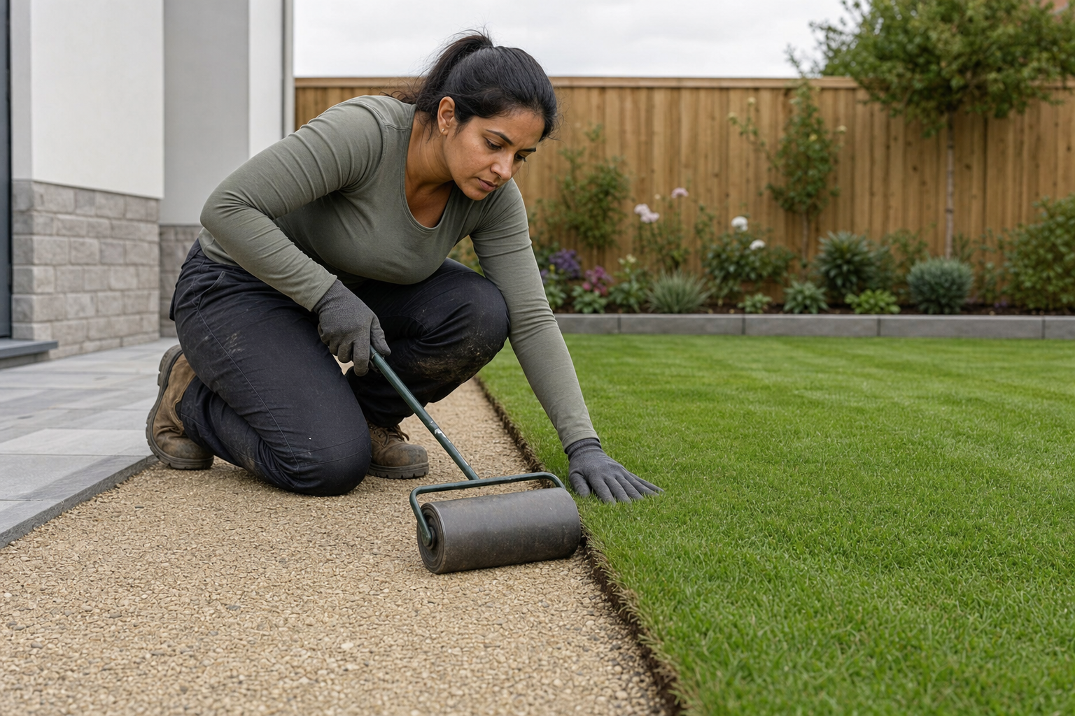 A person kneels while using a hand roller to level the edge of a gravel path next to a lawn.