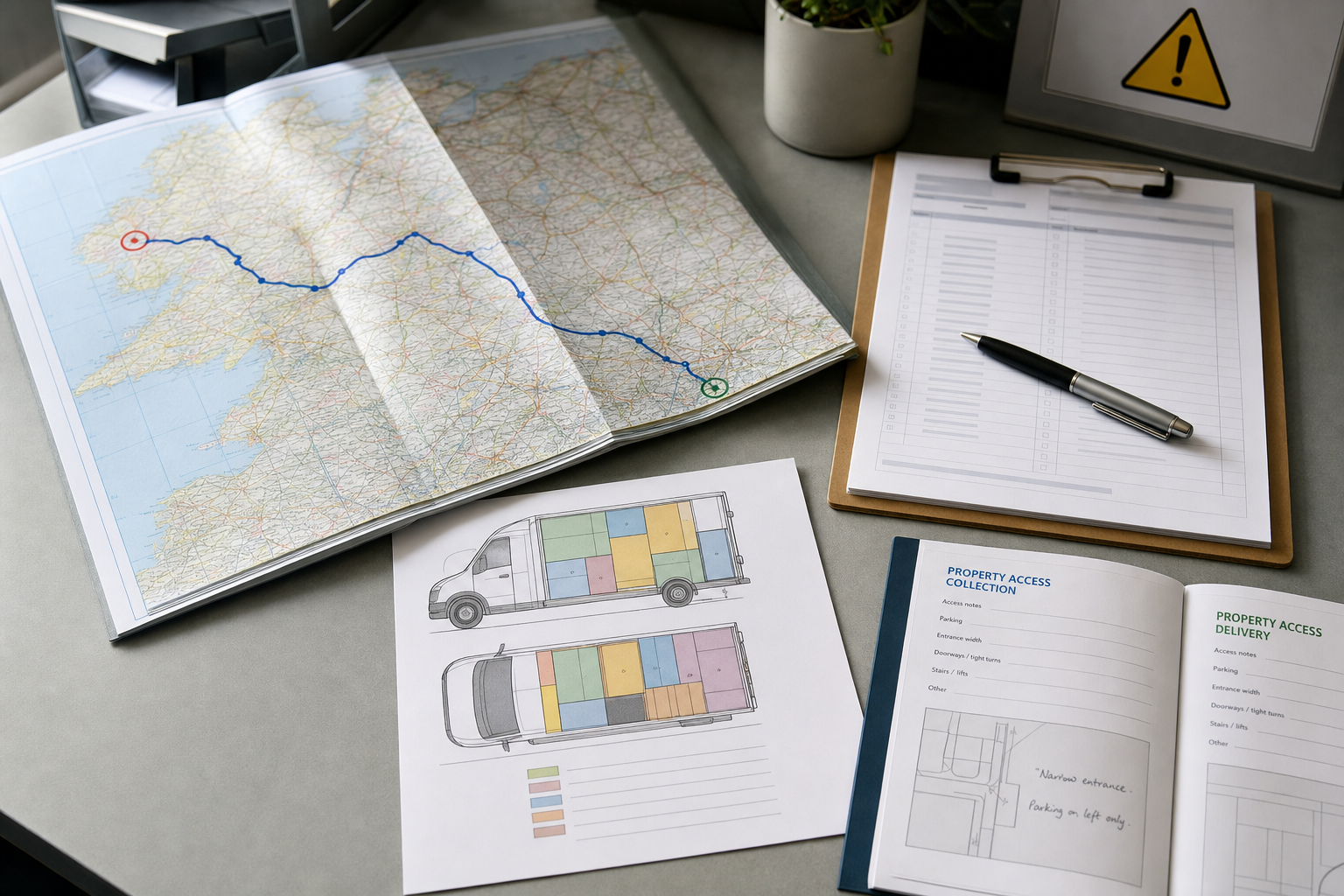 A desk with a map showing a route, van layout, clipboard, and property access notes.