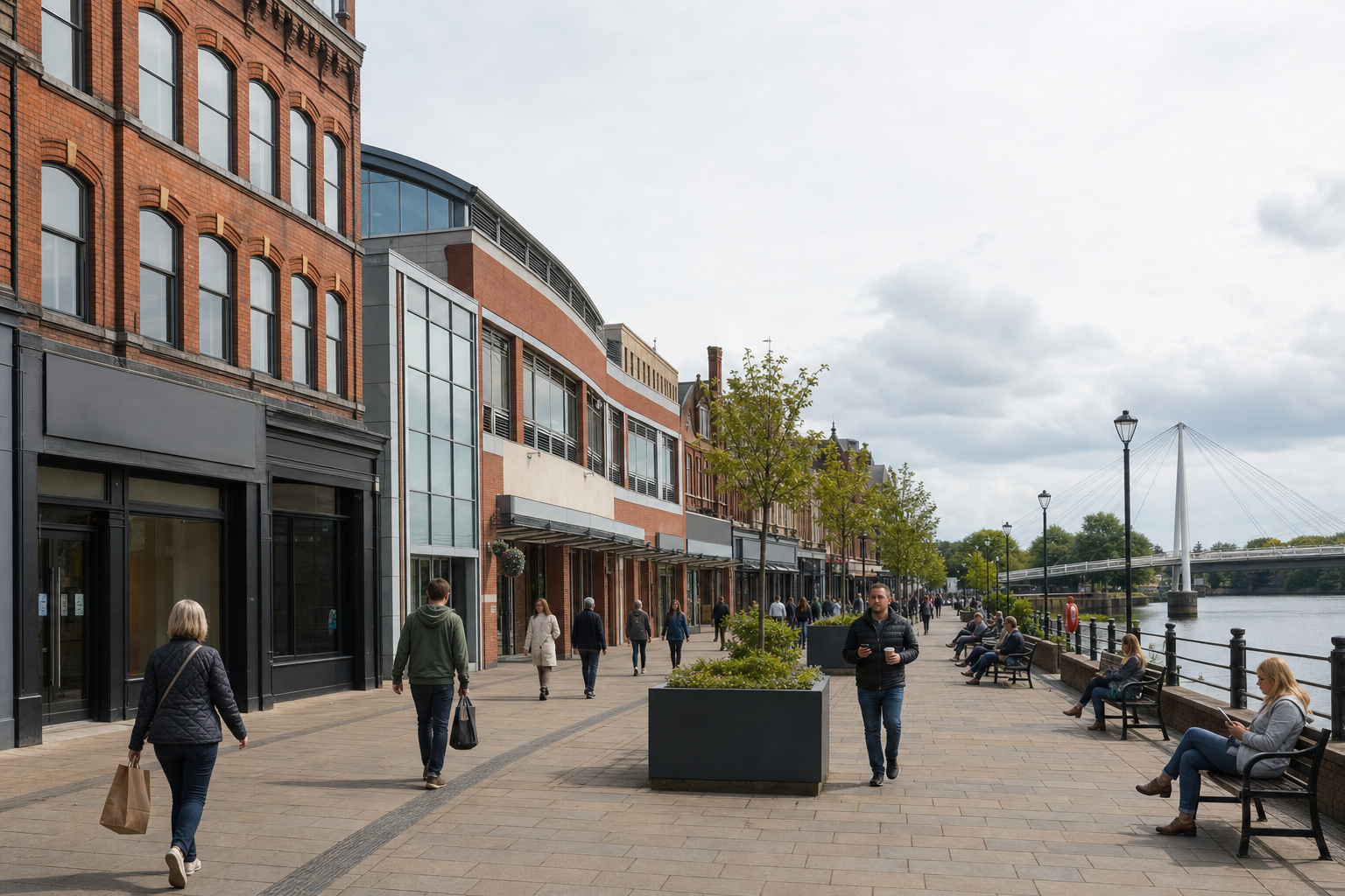 Pedestrians walk along a riverside promenade lined with shops and benches on a cloudy day.