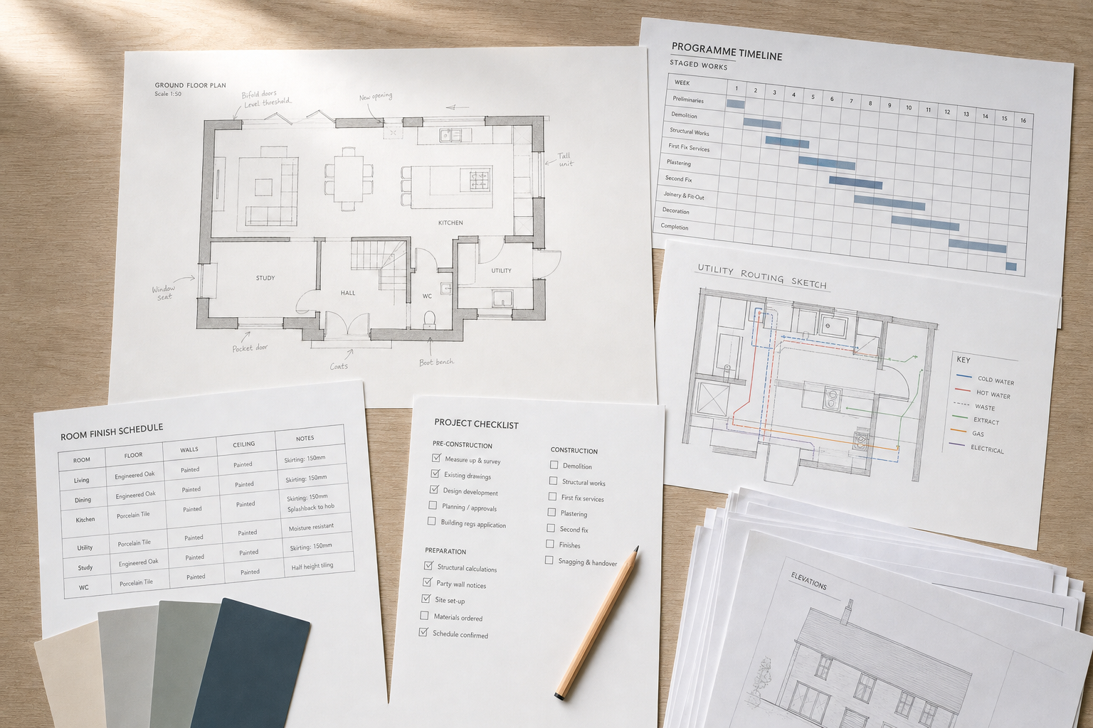 Architectural plan and project documents including floor plan, timeline, utility sketch, and checklist on a wooden desk.