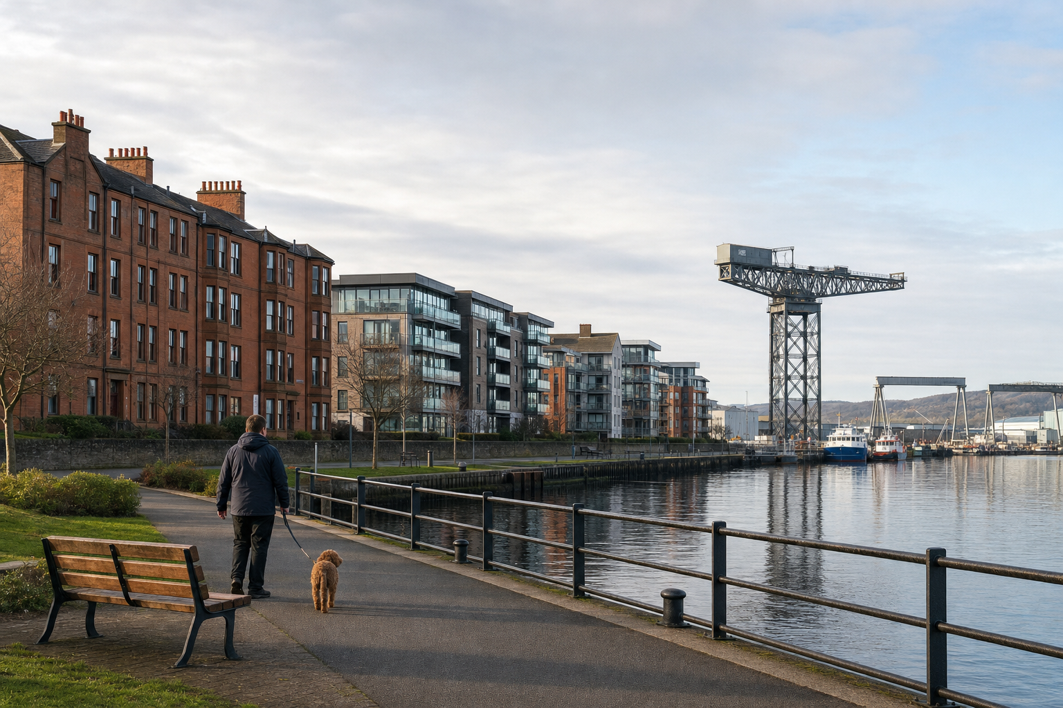 A person walks a dog along a riverside path beside buildings and a crane.